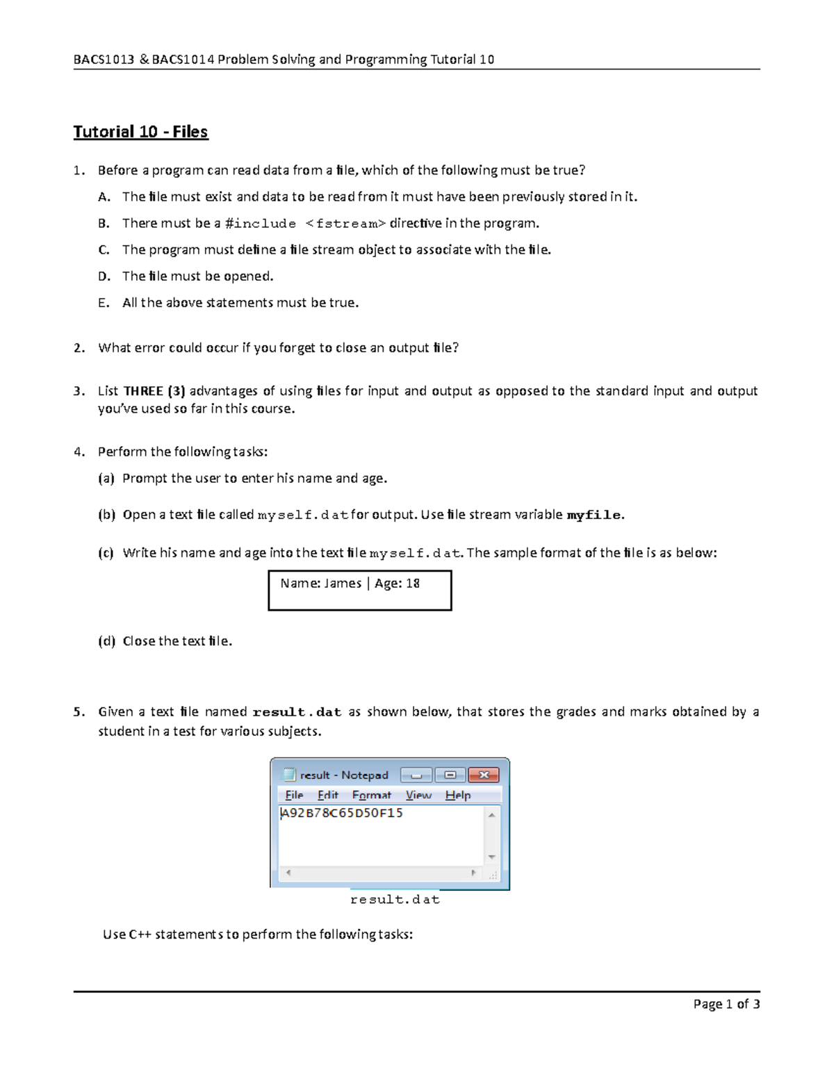 Tutorial 10 - Files - BACS1013 & BACS1014 Problem Solving and ...