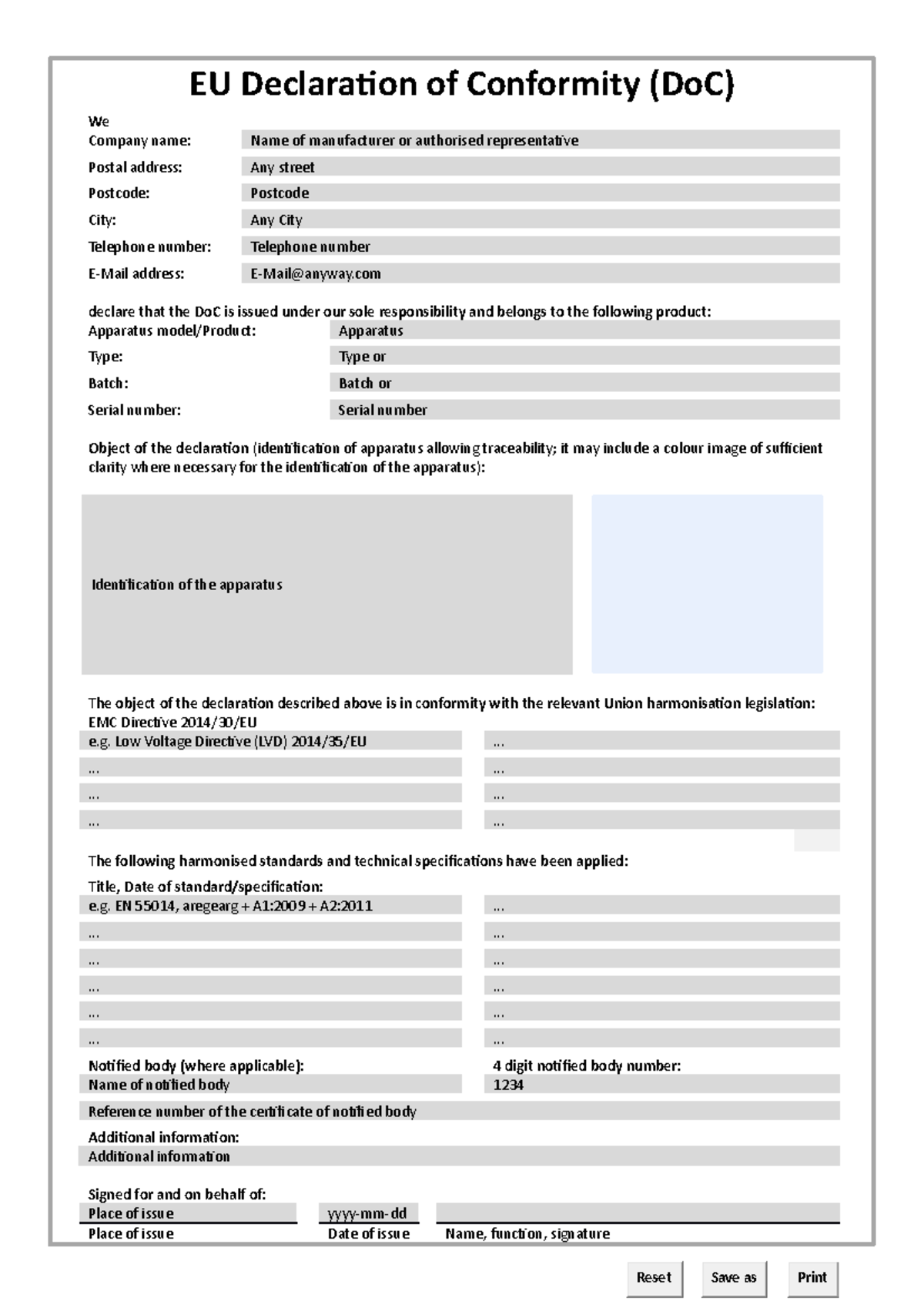 Example of EU declaration of conformity (Do C) adopted by EMC ADCO