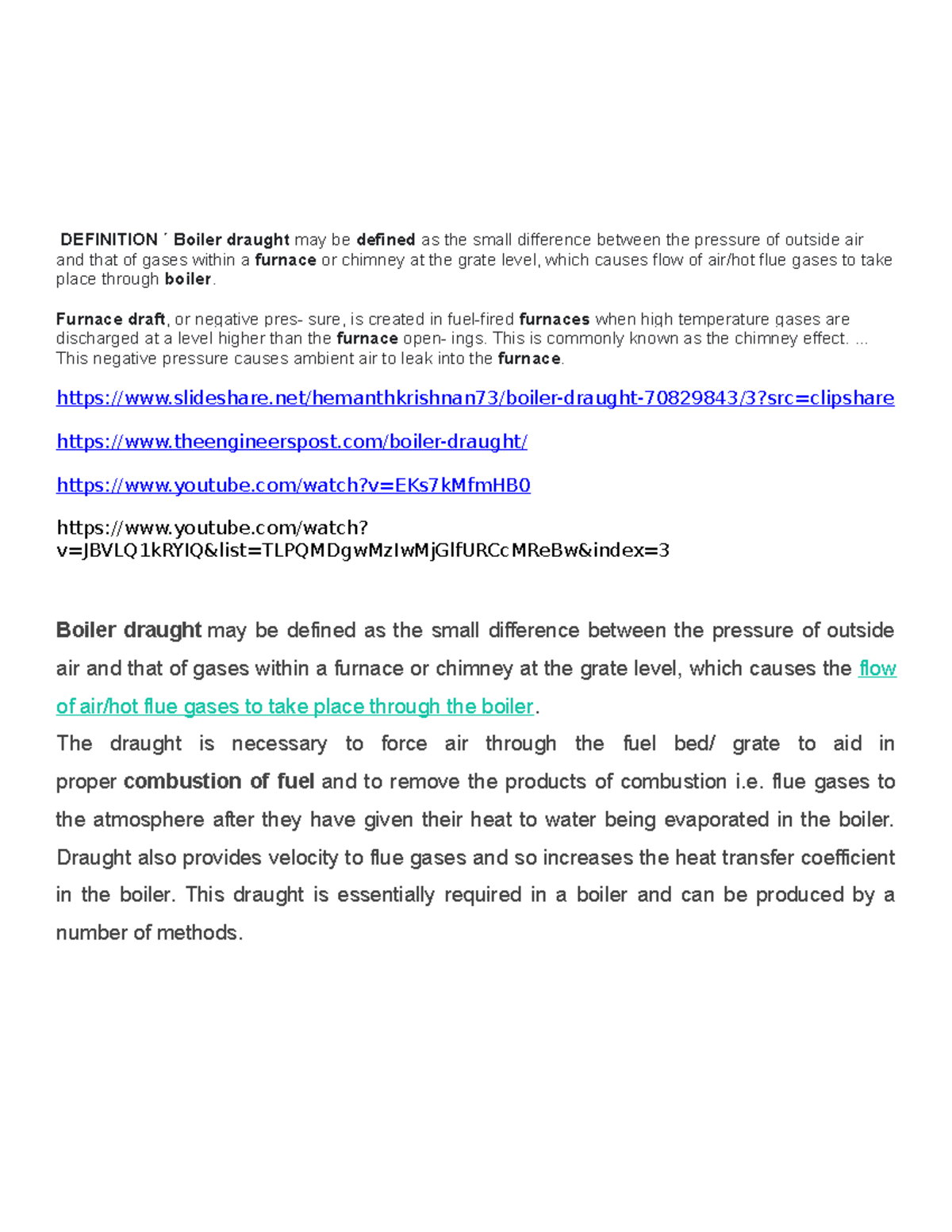 Boiler Draught - Furnace draft , or negative pres- sure, is created in ...