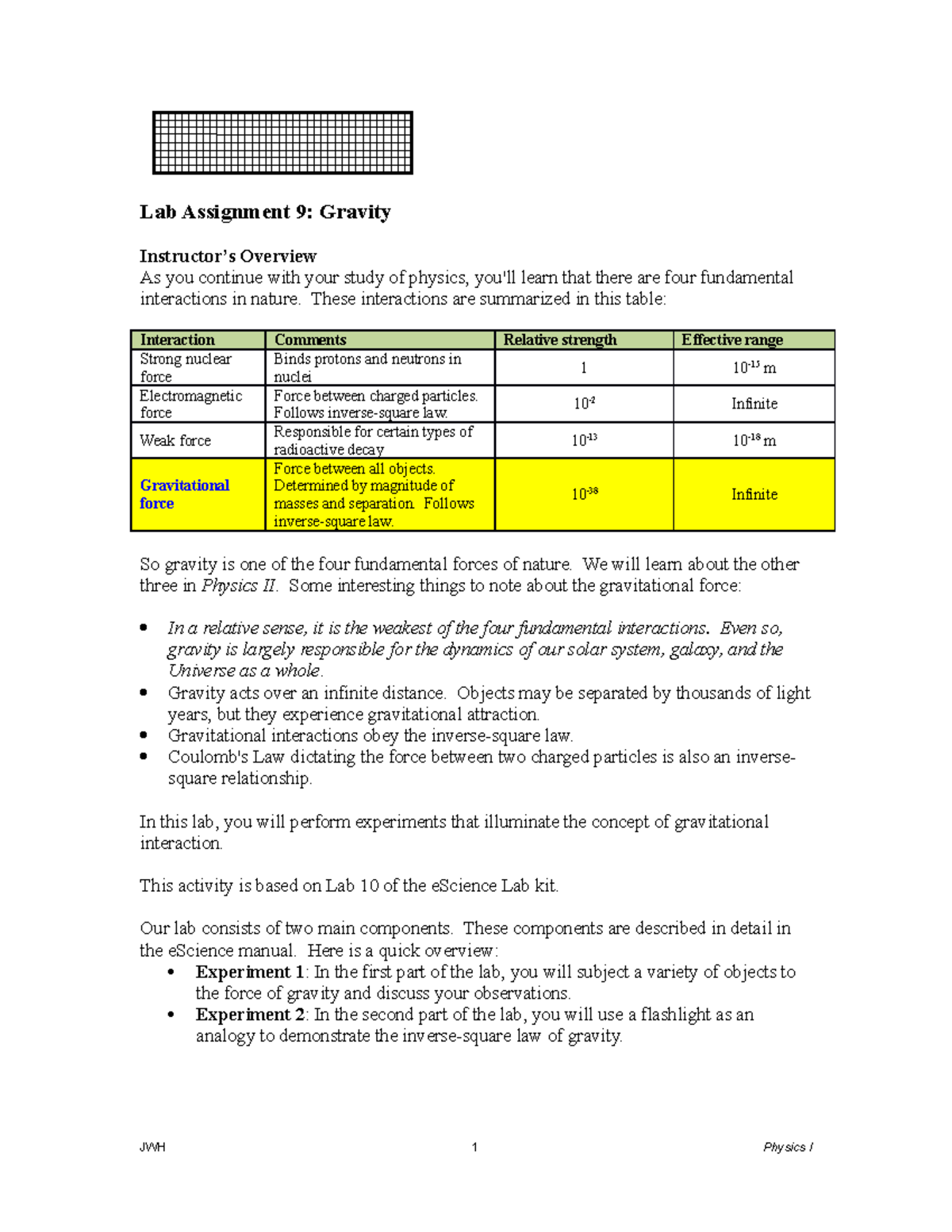 M6 Lab Assignment 9 Gravity Lab Assignment 9 Gravity Instructor’s