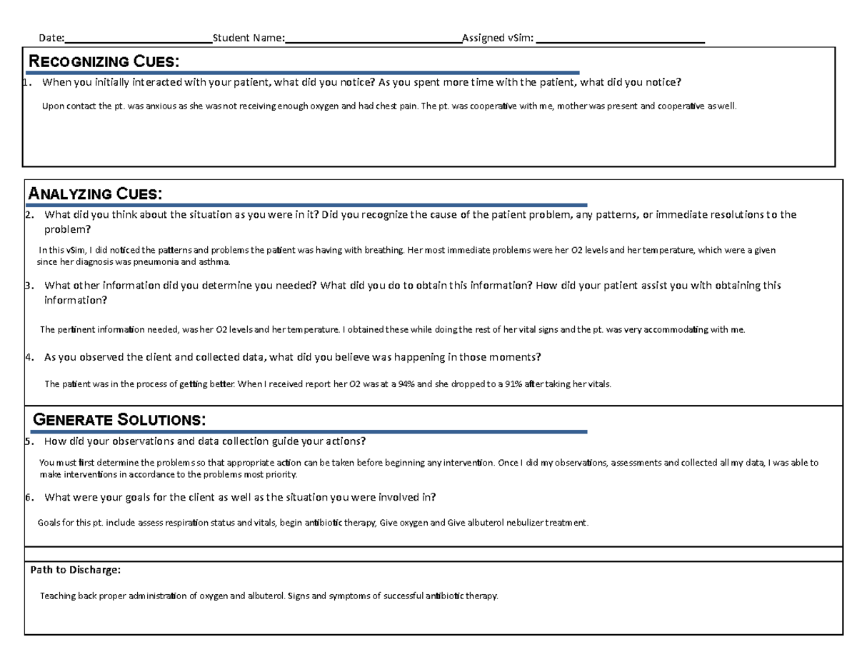 Post Sim SV - Post Sim - Date: Student Name: Assigned vSim: RECOGNIZING ...