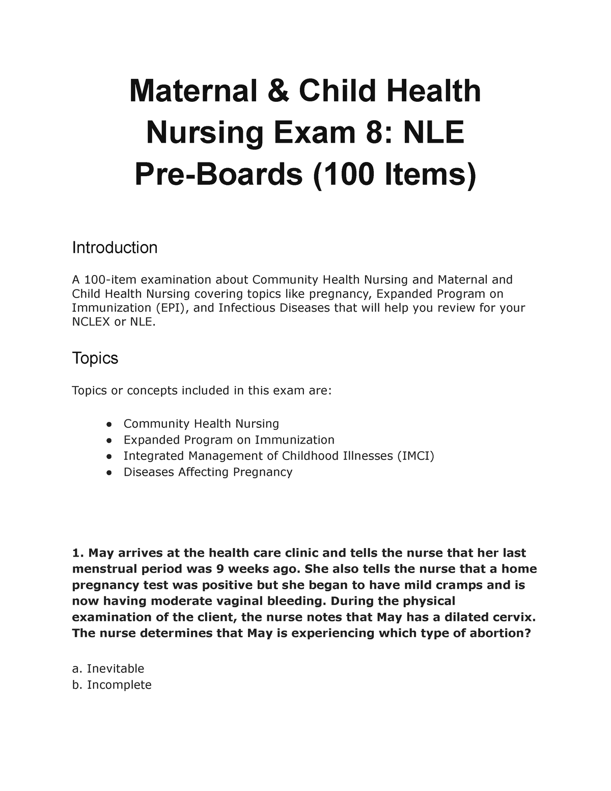 Maternal Child Health Nursing Exam 8 - Maternal & Child Health Nursing ...