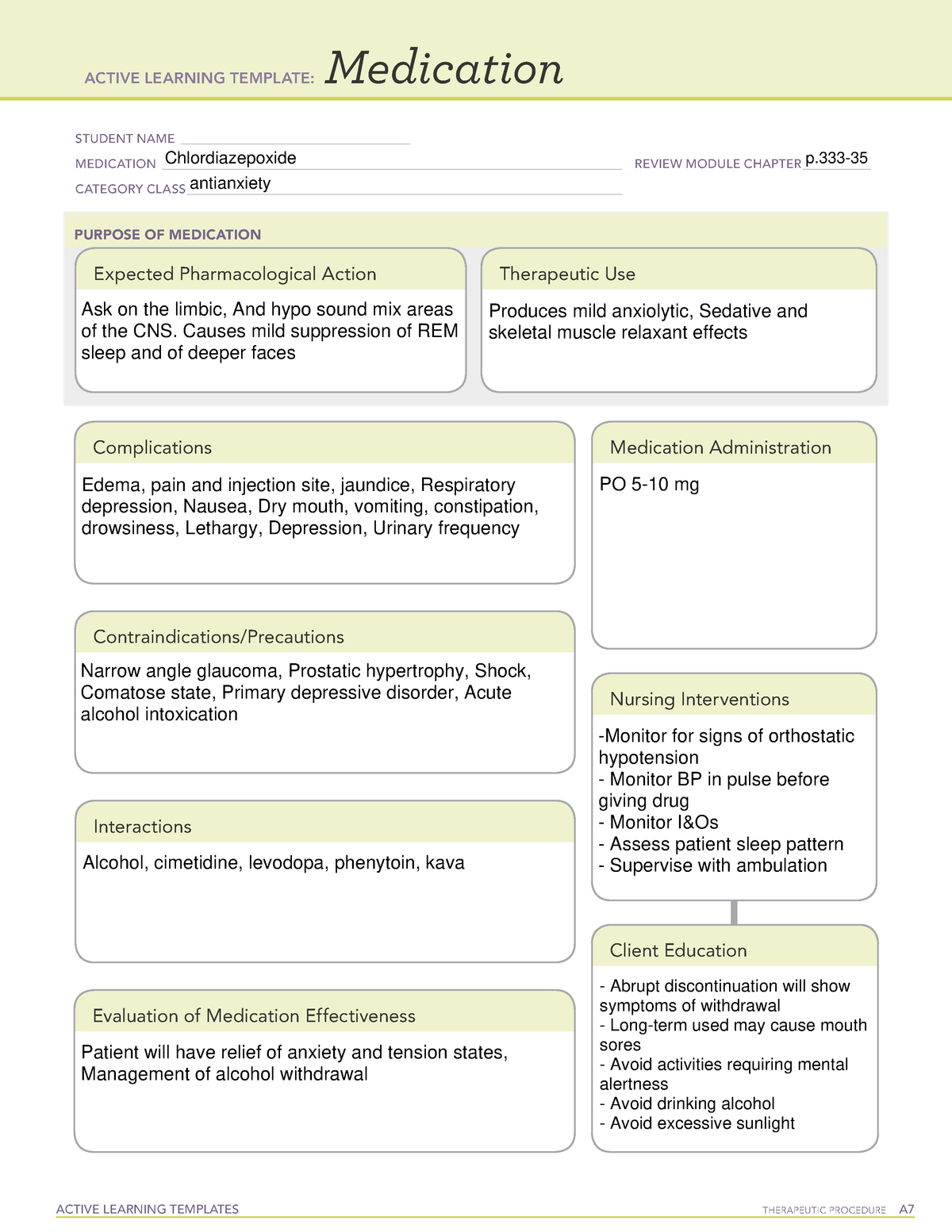 Chlordiazepoxide Medication ATI template ACTIVE LEARNING TEMPLATES