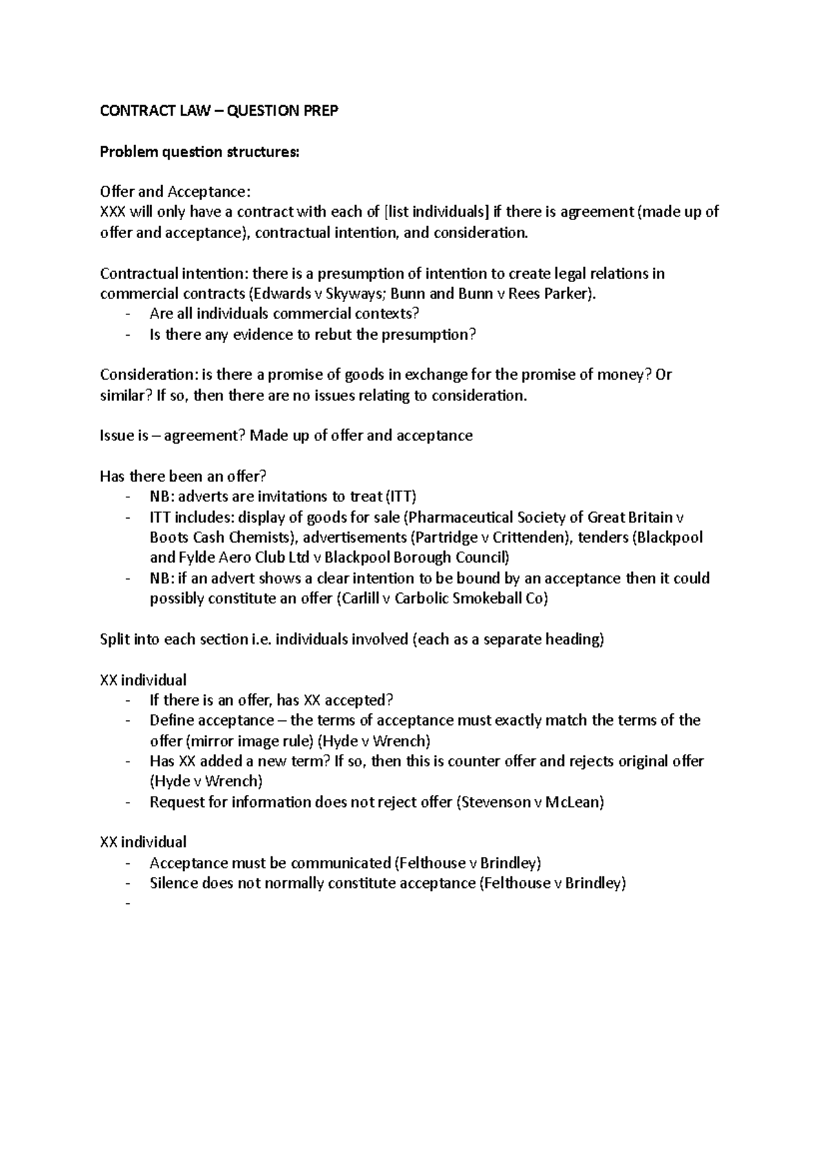 Contract law - question prep - CONTRACT LAW – QUESTION PREP Problem ...
