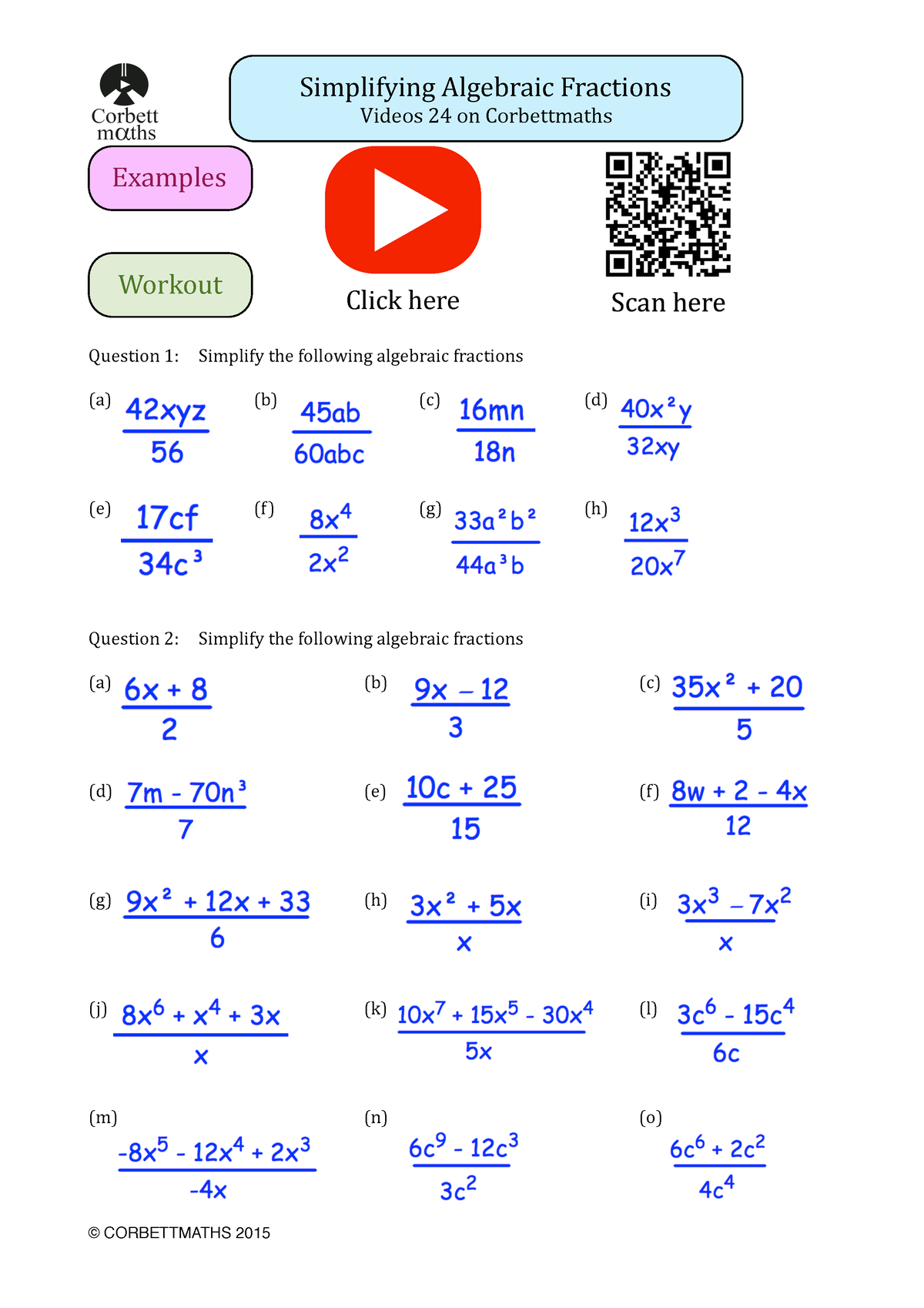 Simplifying Algebraic Fractions Simplifying Algebraic Fractions Videos 24 On Corbettmaths