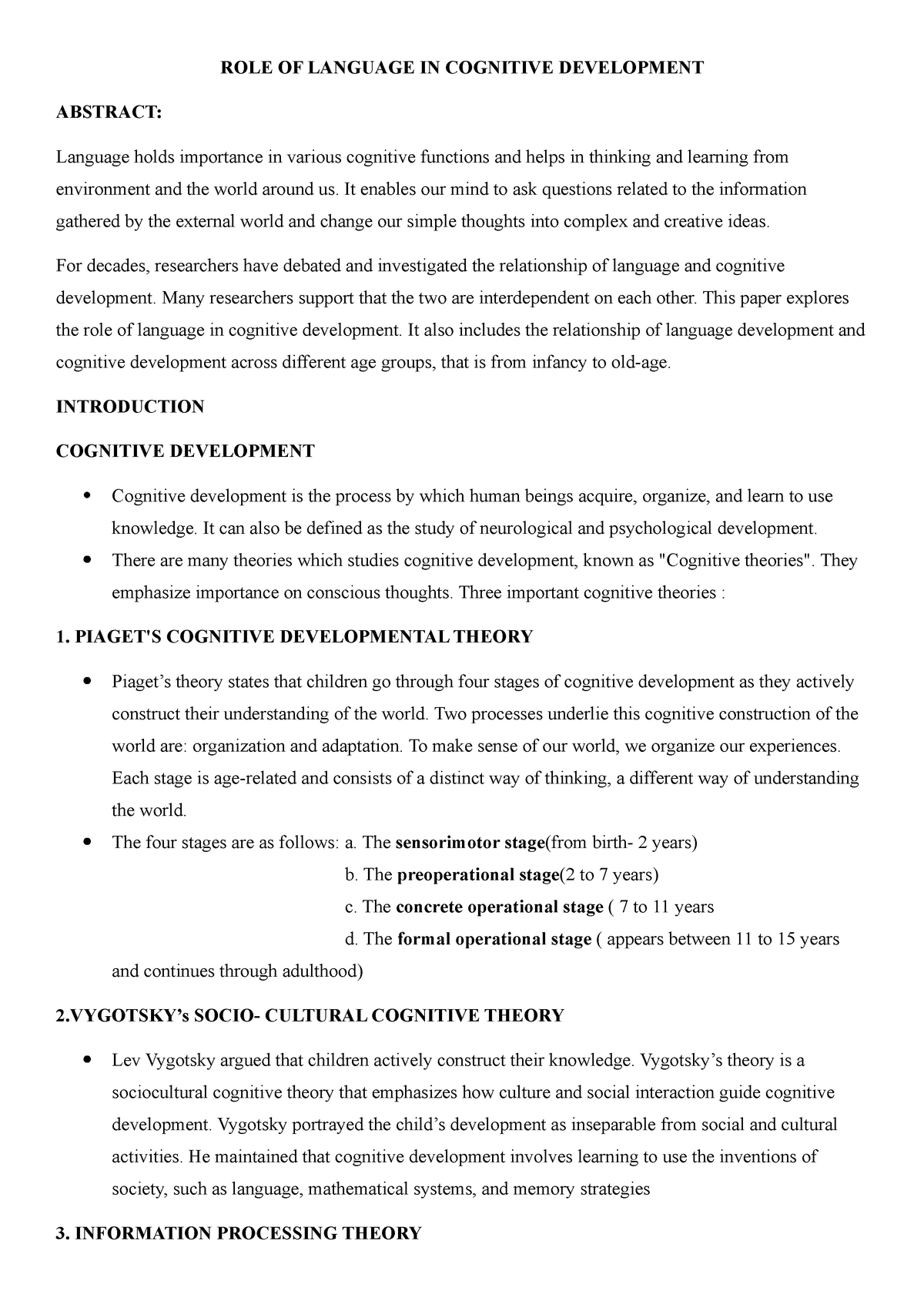 Role of language in cognitive development ROLE OF LANGUAGE IN