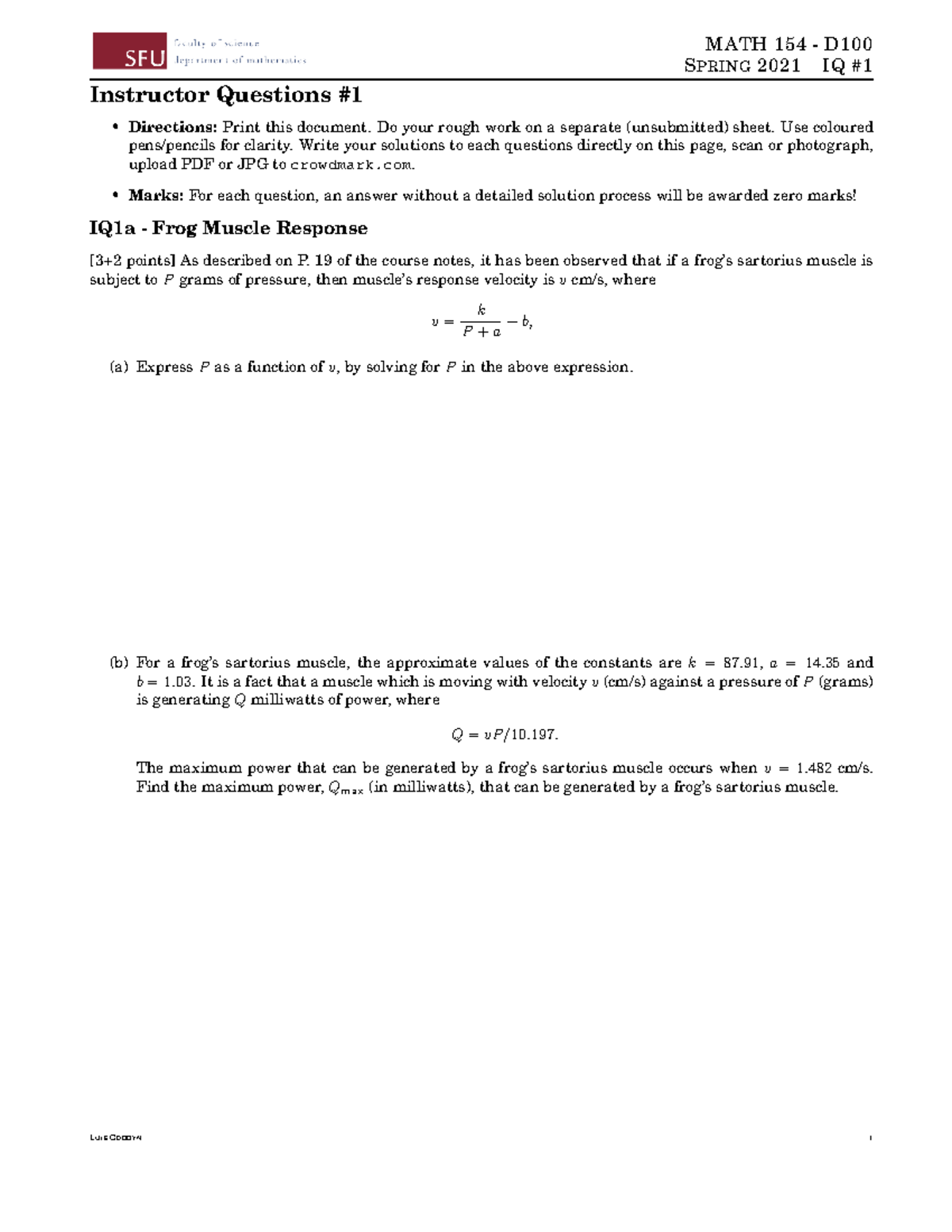 154iq1 Iq1 Math 154 Calculus I For The Biological Sciences Sfu Studocu