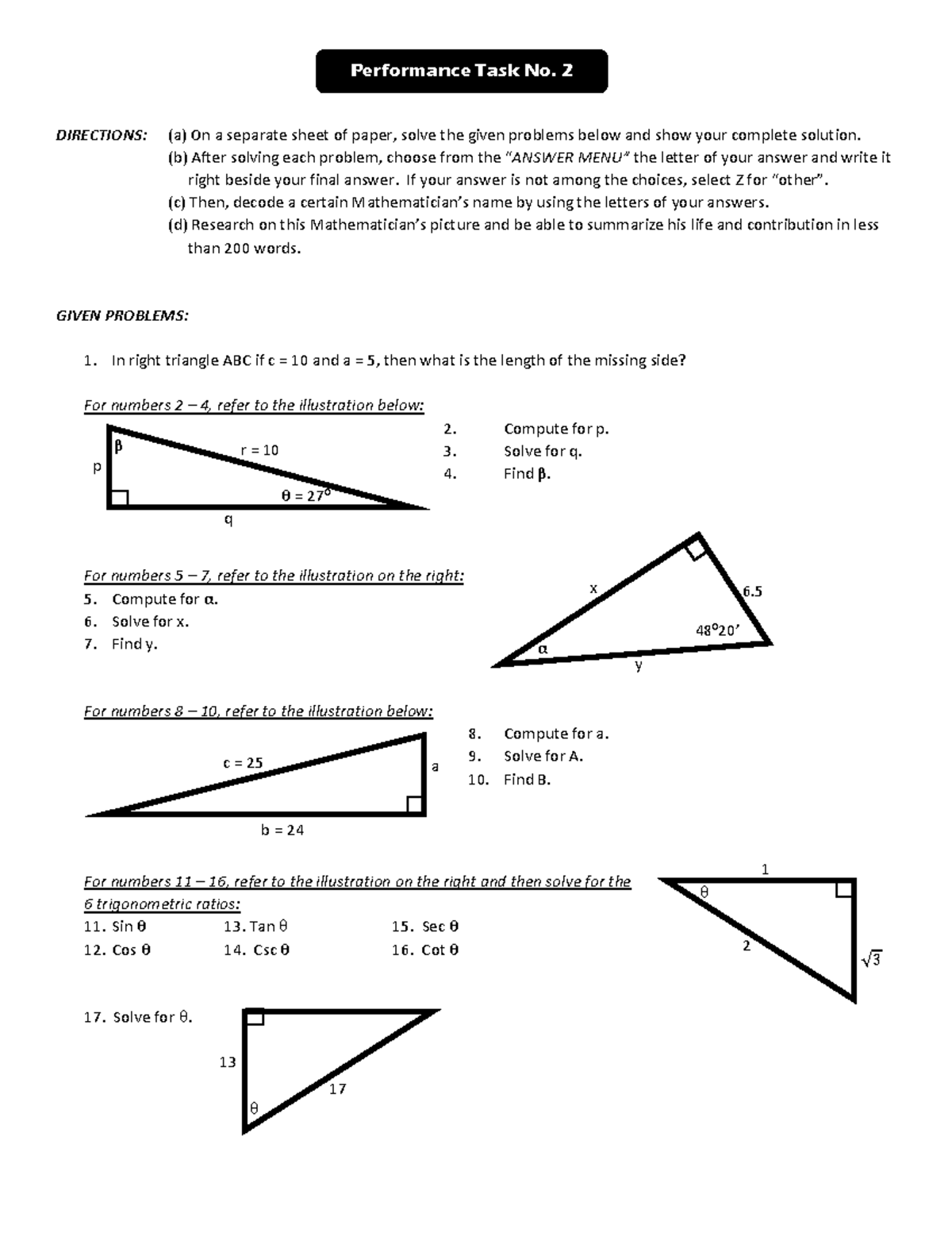 Performance Task 2 Right Triangle Trigonometry - DIRECTIONS: (a) On a ...