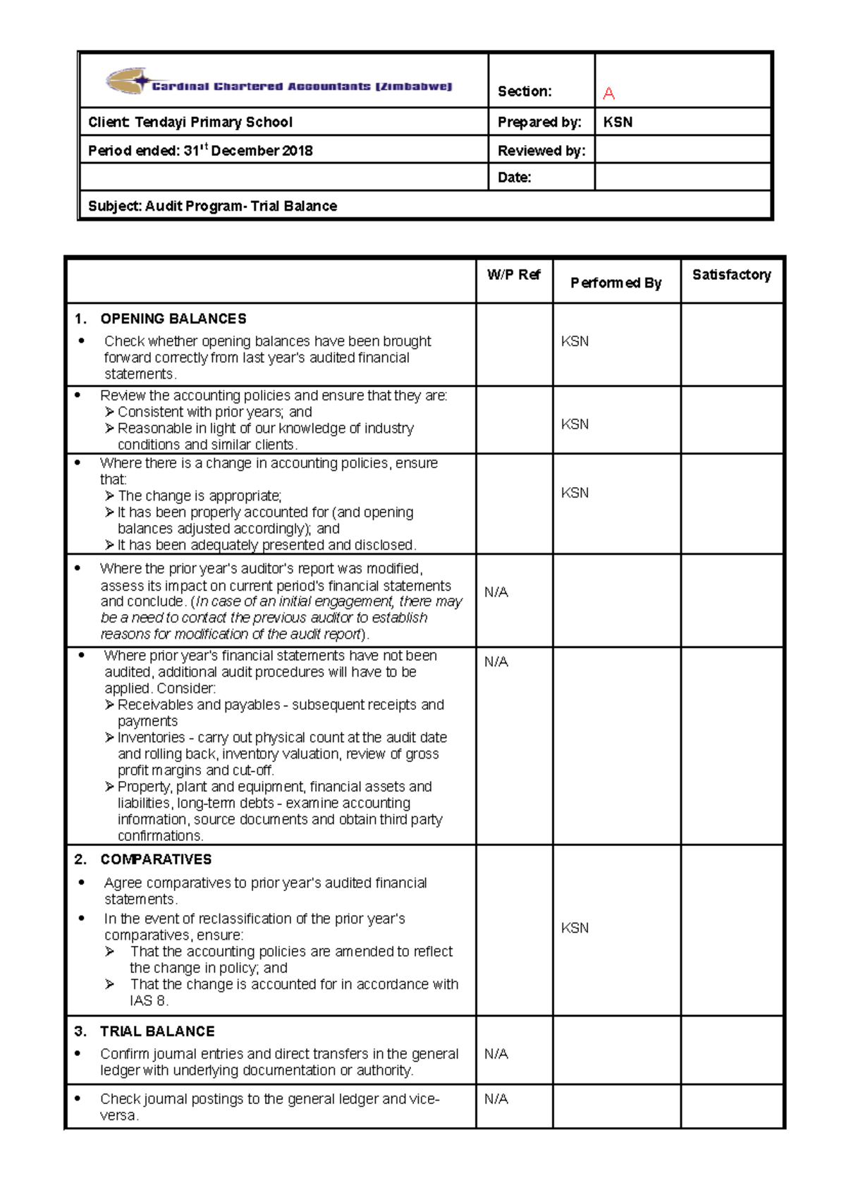 Trial balance audit program-Audit Programs - Section: A Client: Tendayi ...