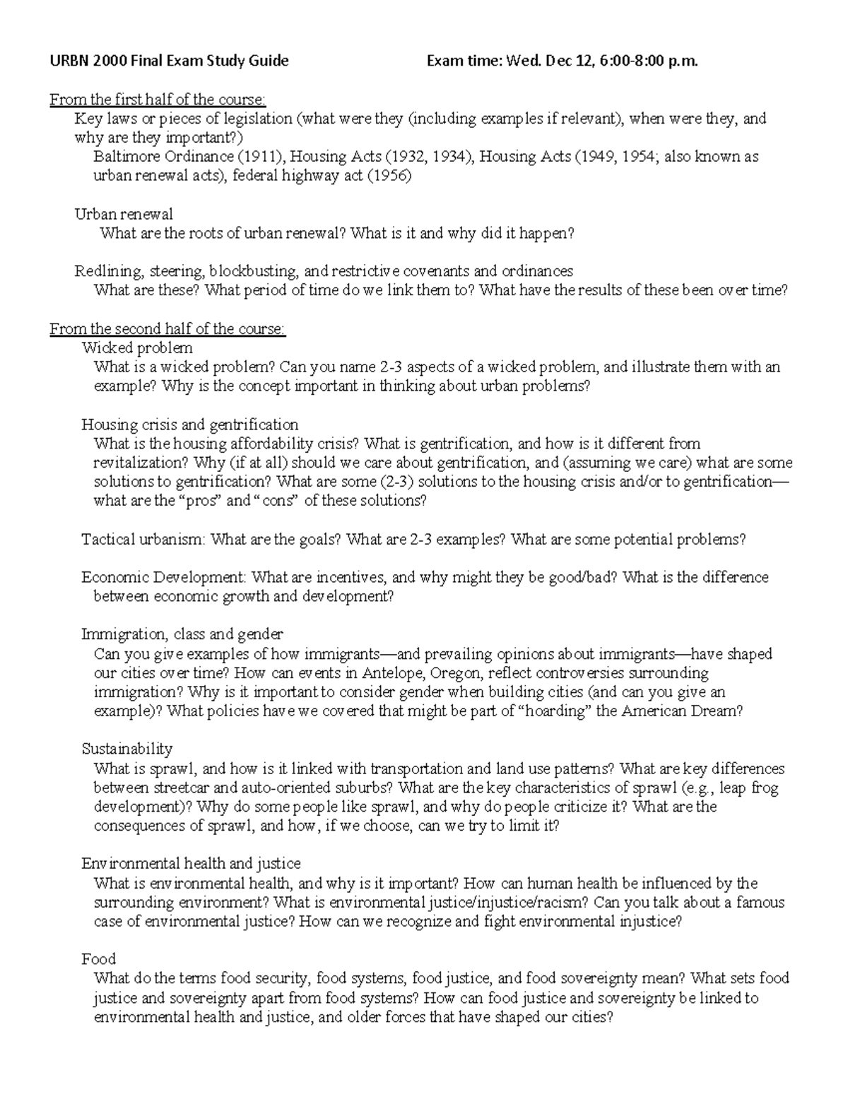 URBN 2000 S18 Final Exam Study Guide - URBN 2000 Final Exam Study Guide ...