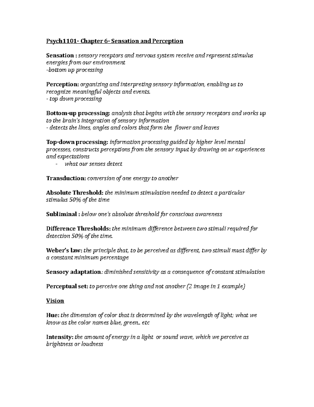 Lecture notes, chapter 6 - Chapter Sensation and Perception Sensation ...