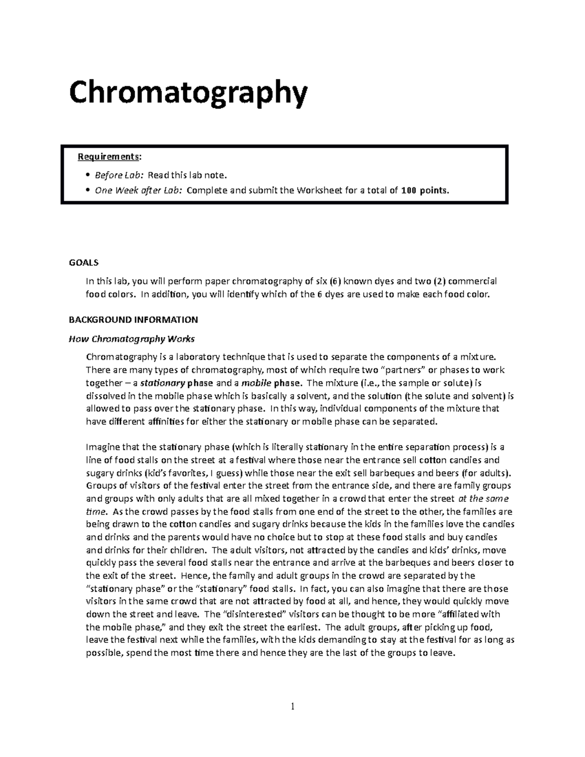 Chromatography Lab Worksheet Chromatography Requirements Before Lab