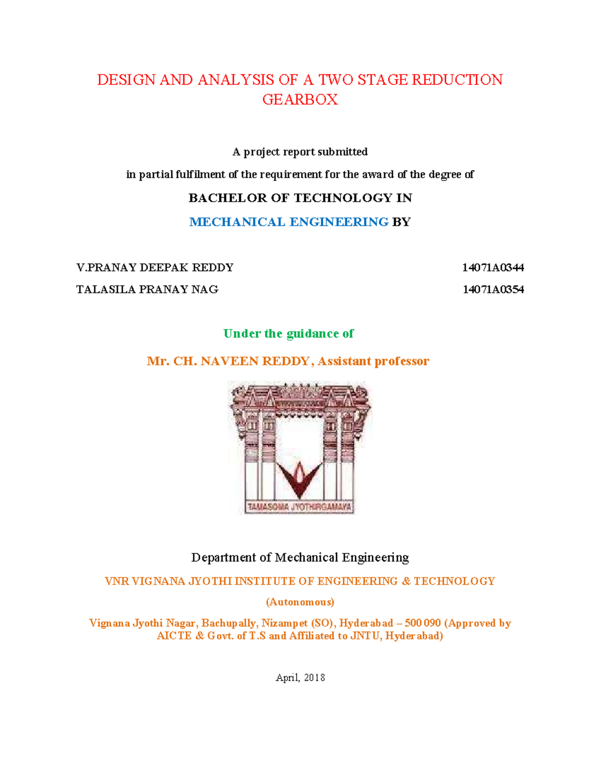 Design AND Analysis OF A TWO Stage Reduc - DESIGN AND ANALYSIS OF A TWO ...