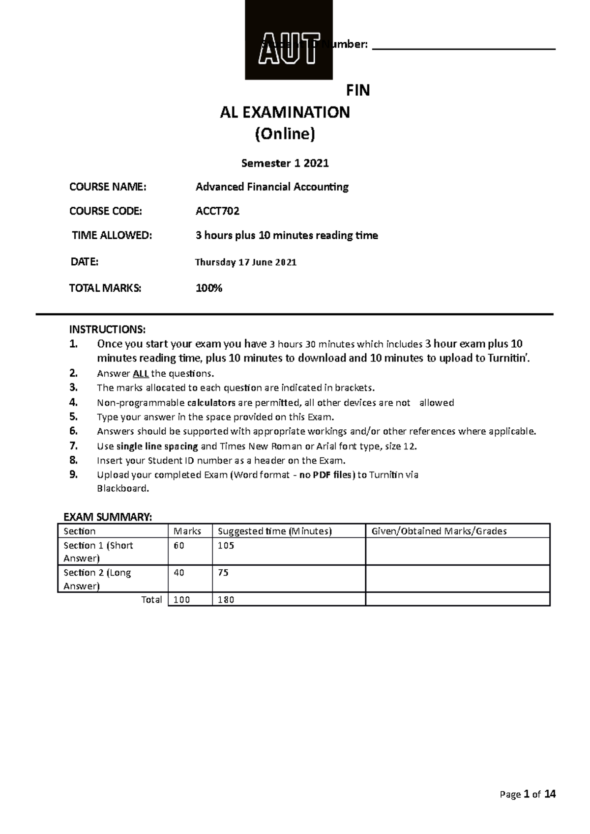 ACCT702 Advanced Financial Accounting S1 2021 Final Student ID Number
