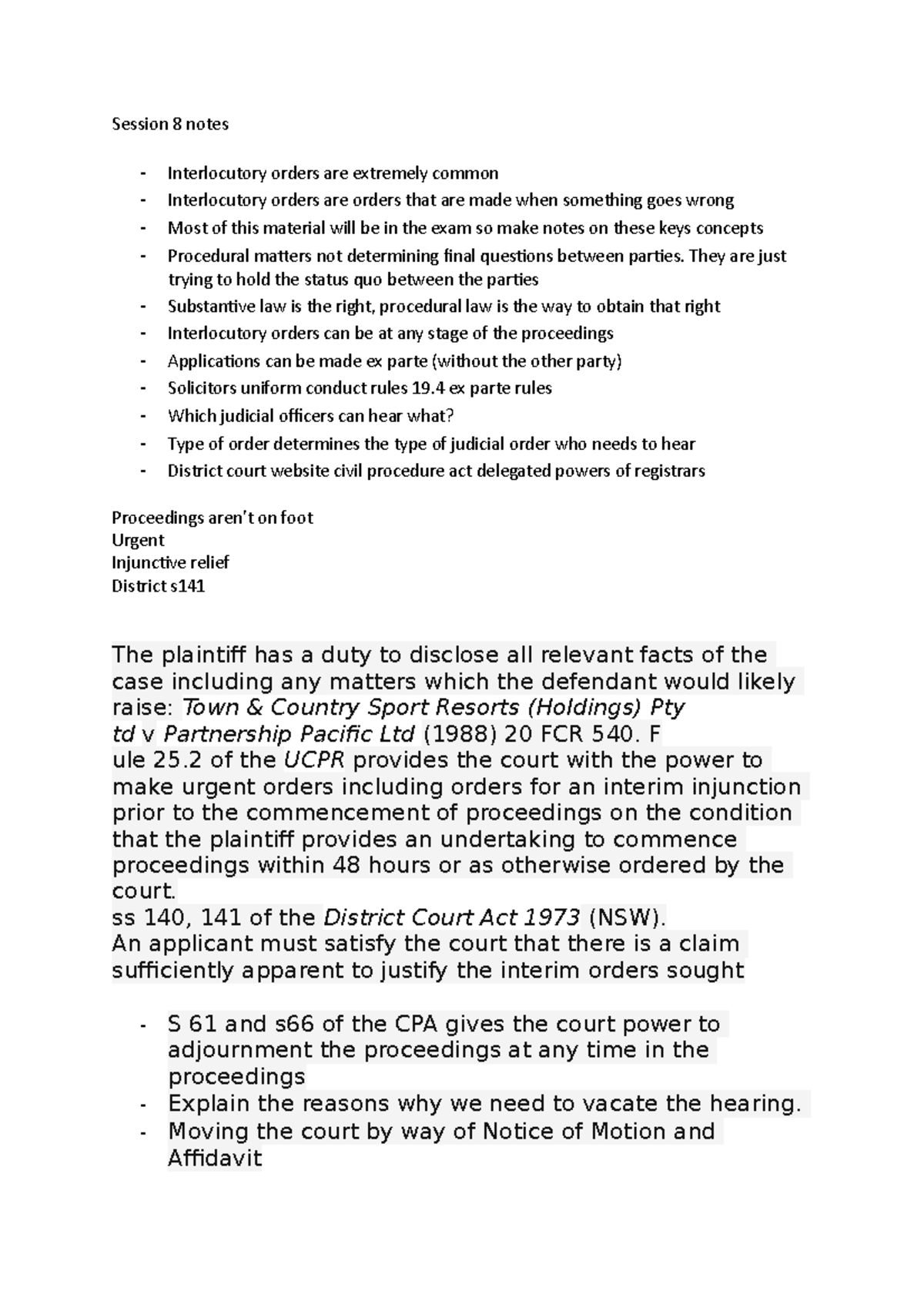 Session 8 notes - Civil Procedure - Session 8 notes - Interlocutory ...