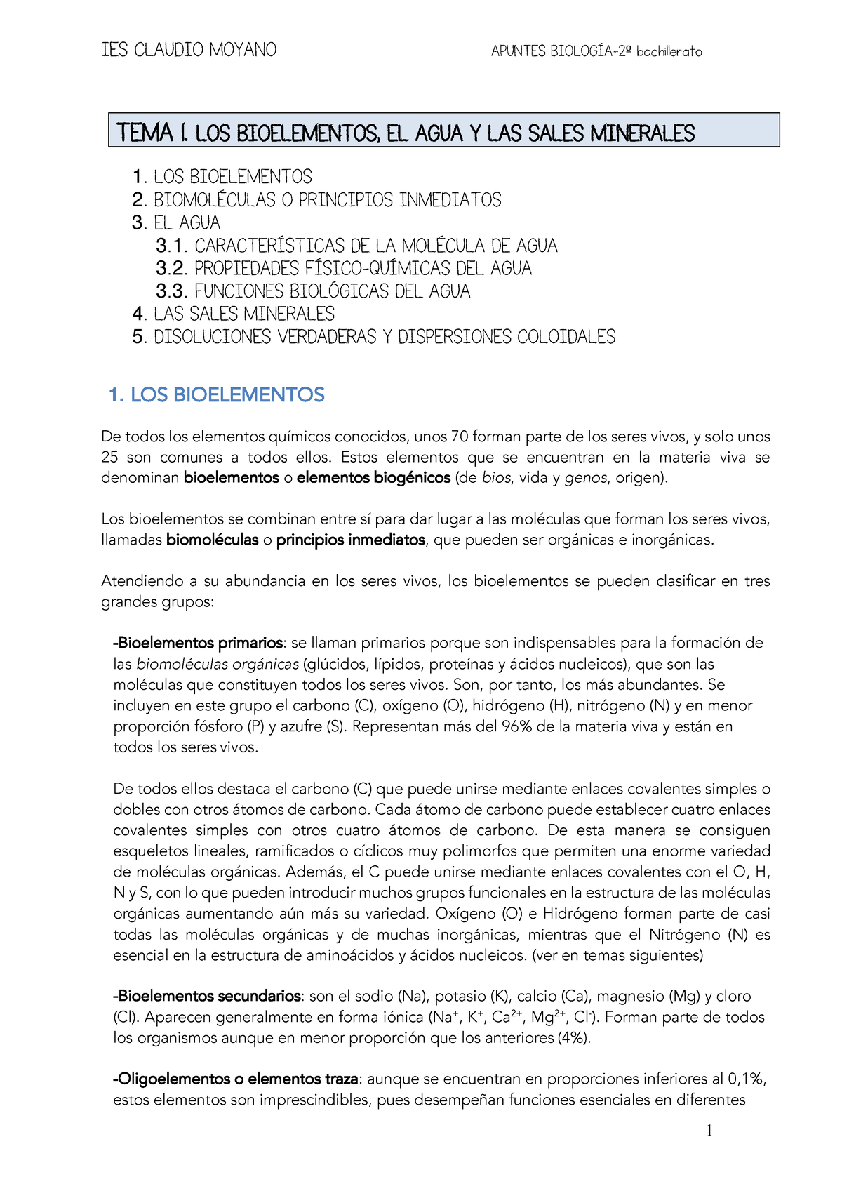 Tema 1. Bioelementos, Agua Y Sales Minerales - TEMA 1. LOS BIOELEMENTOS ...