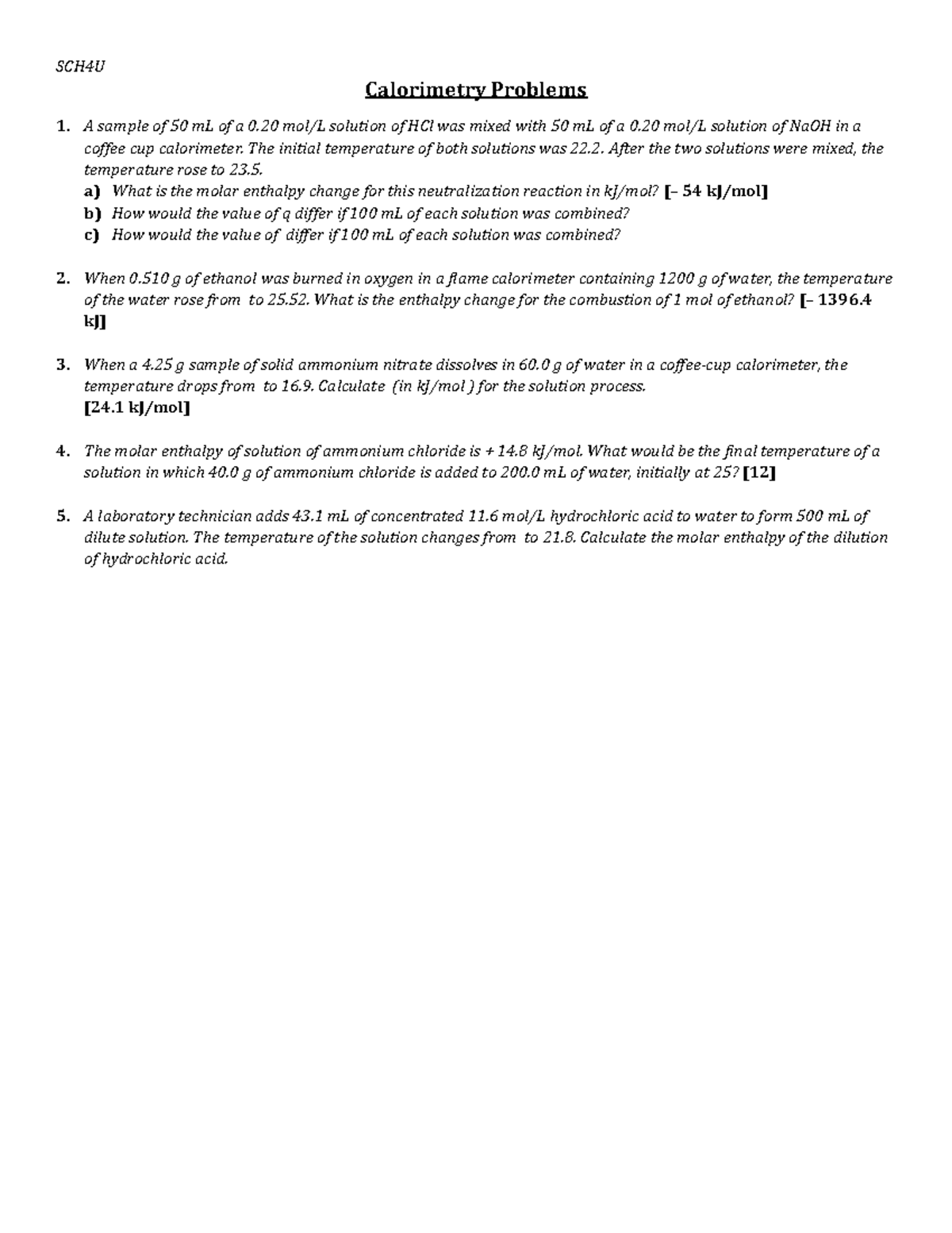 2) WS Calorimetry Problems SCH4U Calorimetry Problems A sample of 50