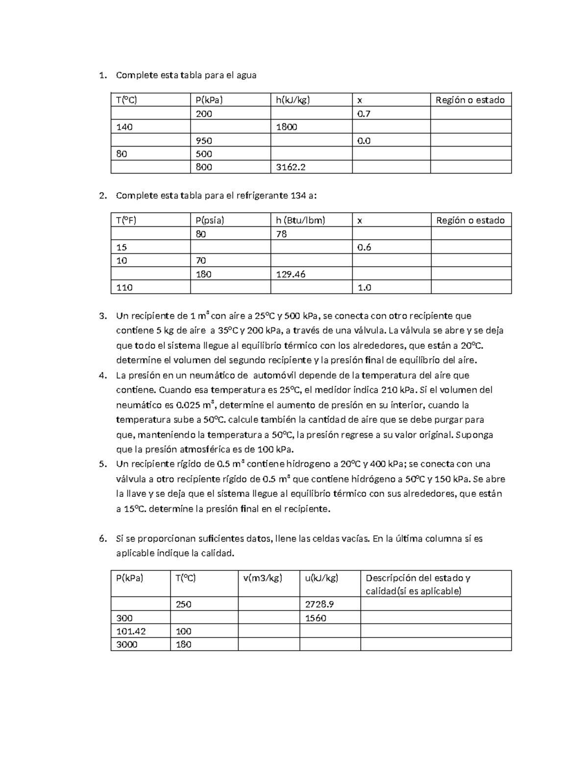 Ejercicios Para Termodinamica 1 Complete Esta Tabla Para El Agua T°c Pkpa Hkjkg X 9122