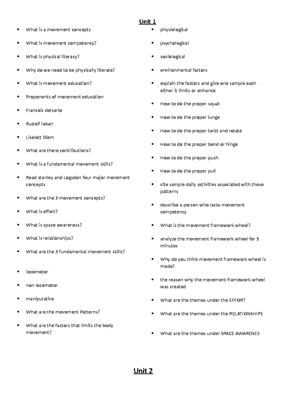 PE 31 Midterm Review Guide Unit 1 What is a movement concepts What is