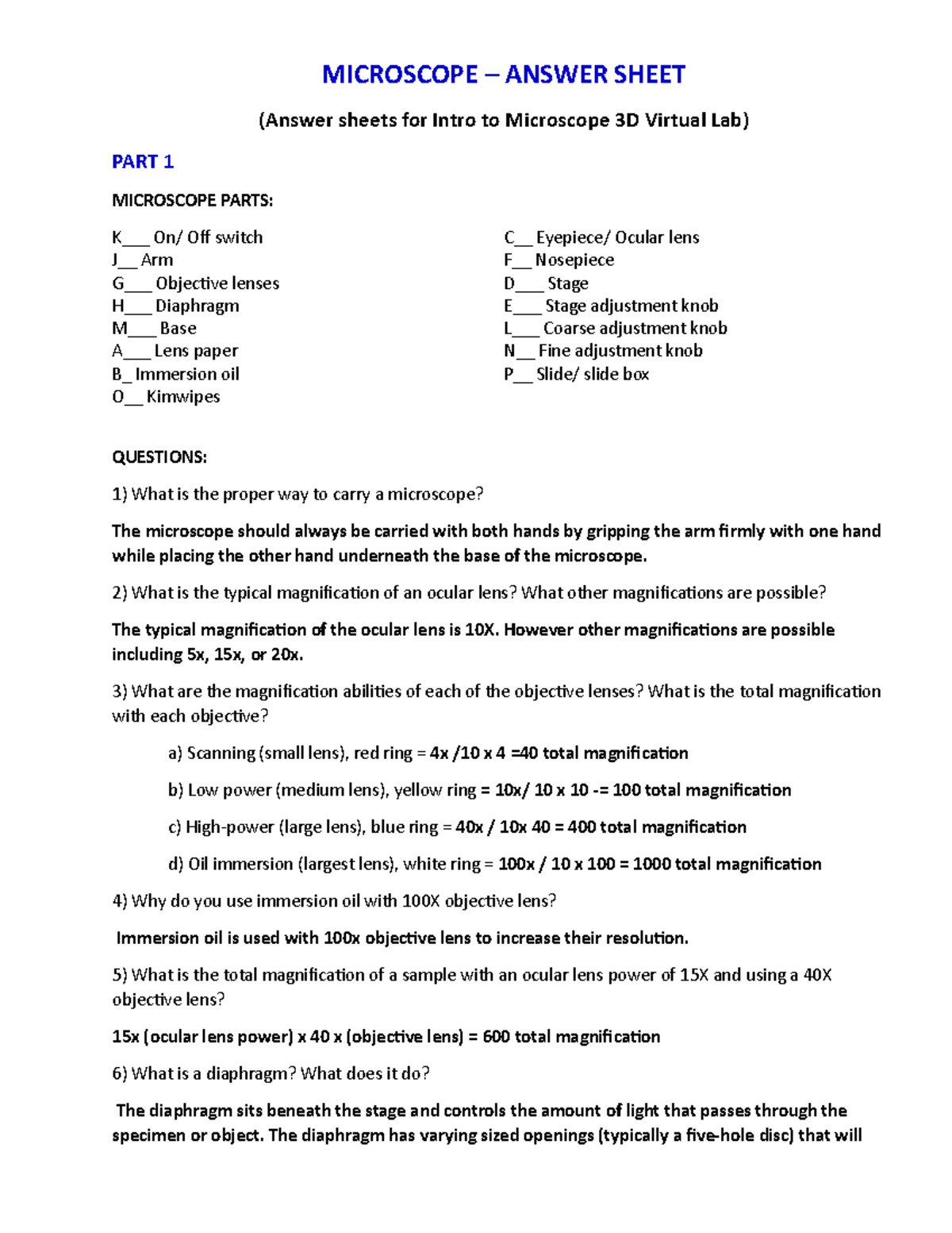 Microscope Answer Sheet MICROSCOPE ANSWER SHEET (Answer sheets