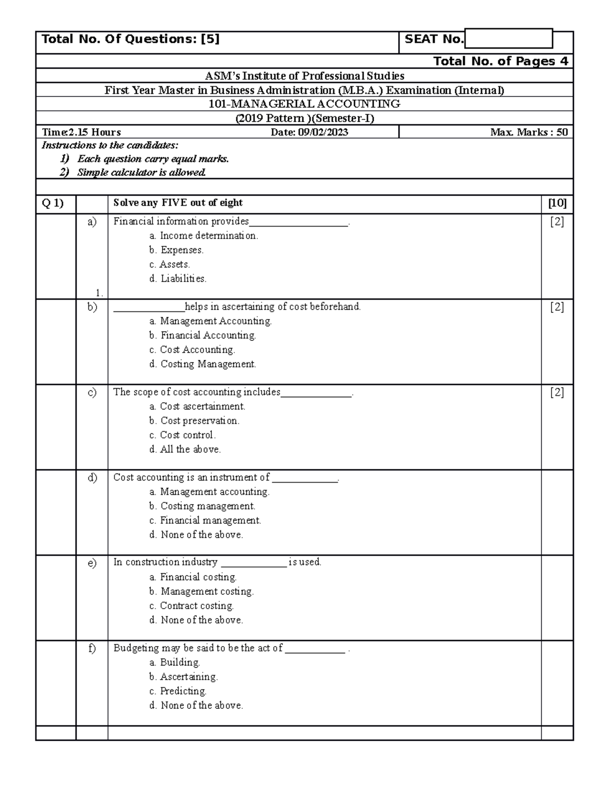 101-MA End Term-Question Paper - Total No. Of Questions: [5] SEAT No ...