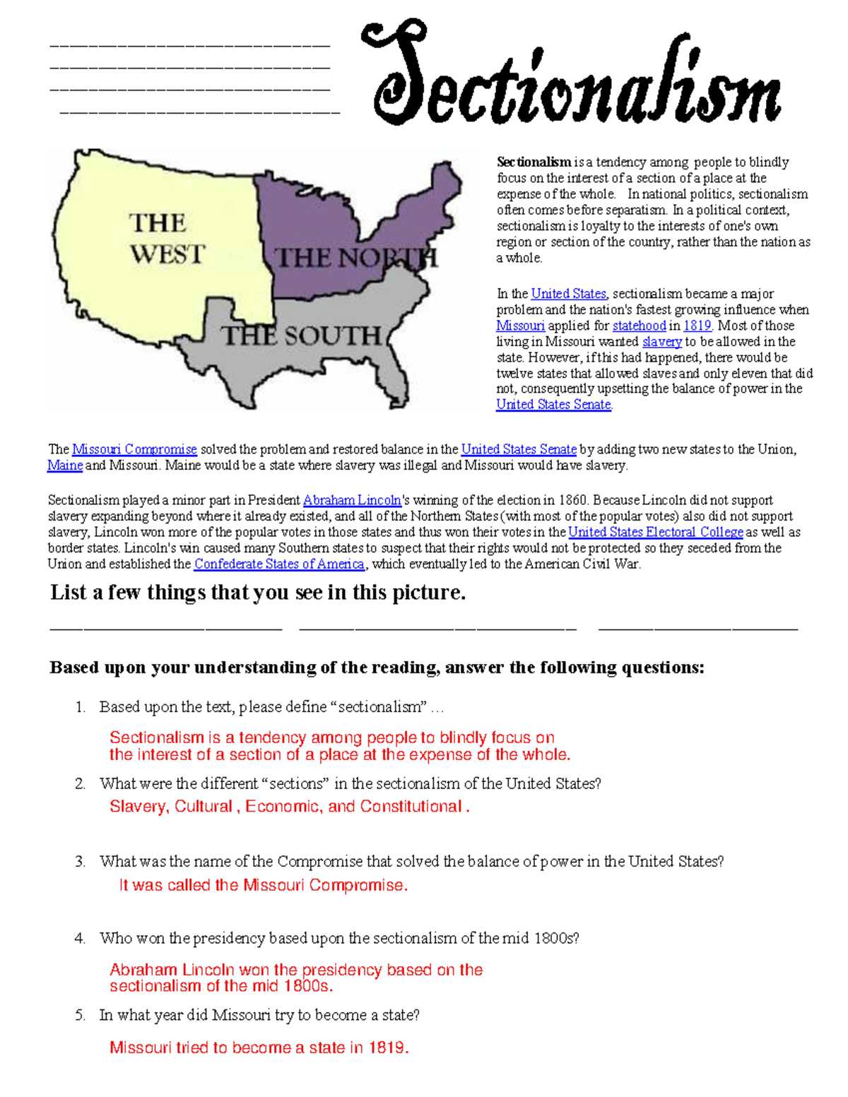 Sectionalism Readings - - Studocu