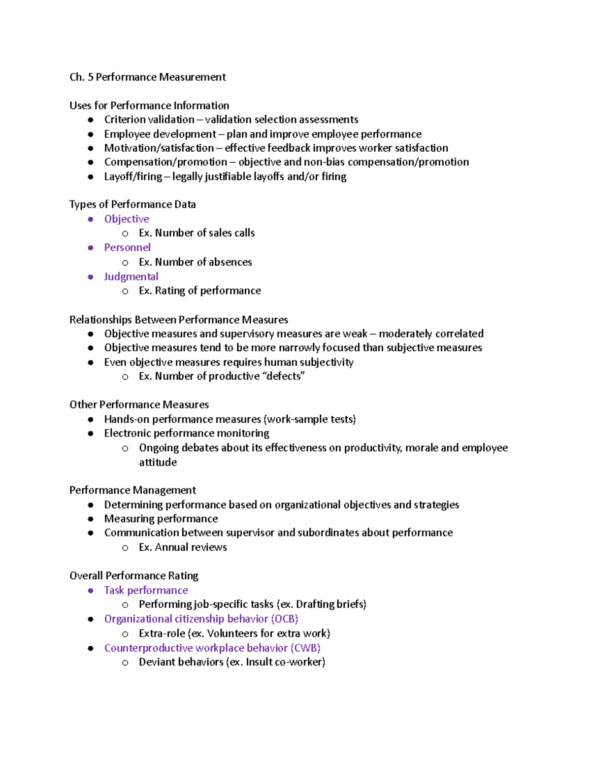 Copy of Ch. 5 Notes - Ch. 5 Performance Measurement Uses for ...