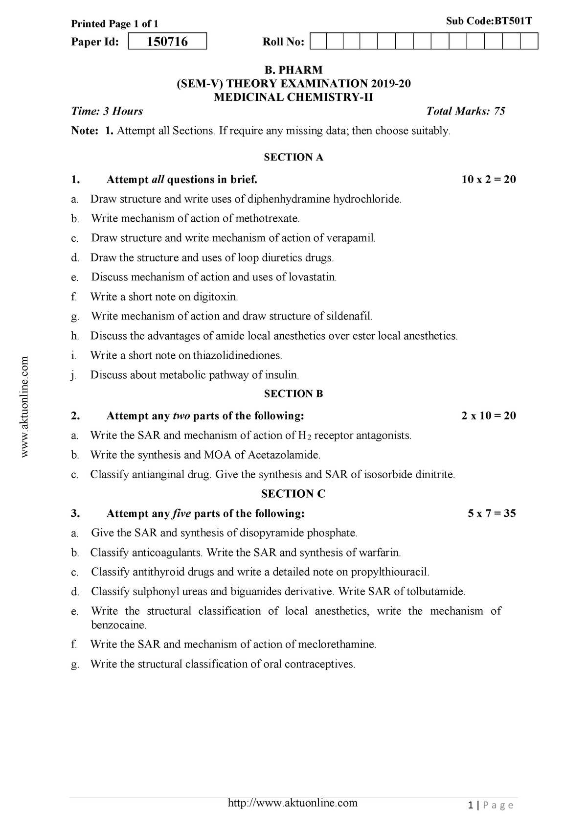 Bpharm 5 Sem Medicinal Chemistry 2 Bt501t 2020 - Printed Page 1 Of 1 ...