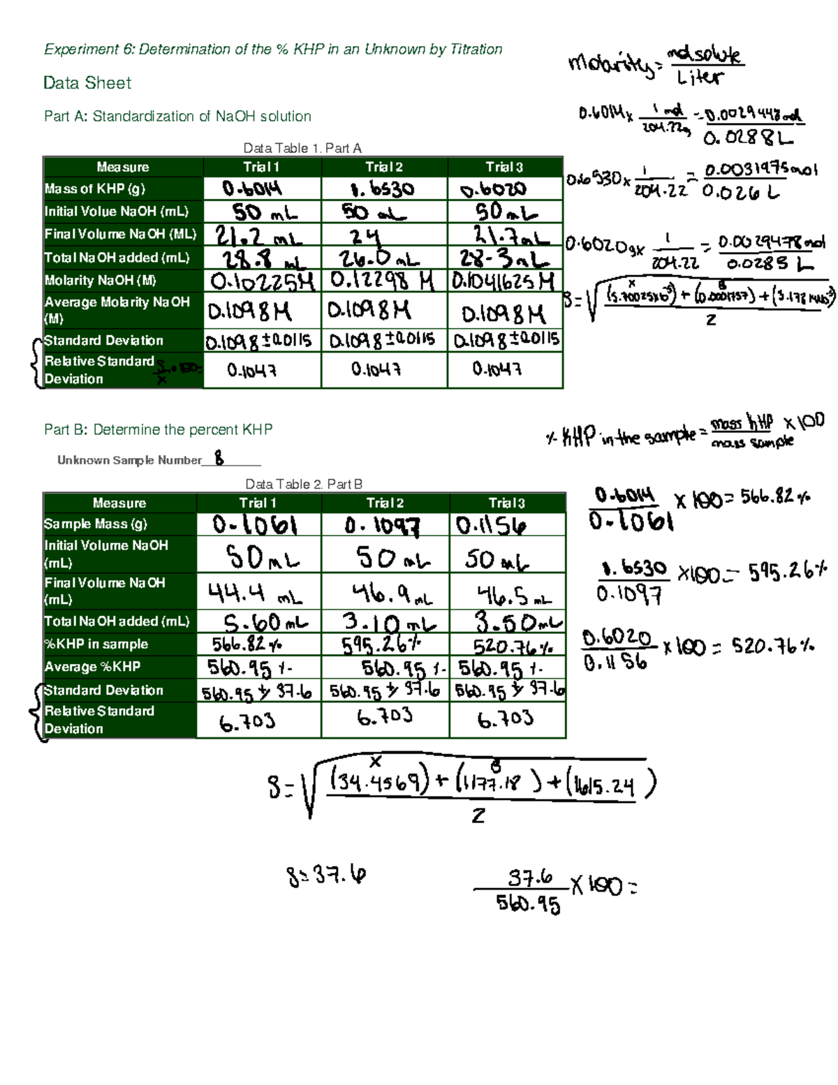 Experiment 6 - Data Sheet - Experiment 6: Determination of the % KHP in ...