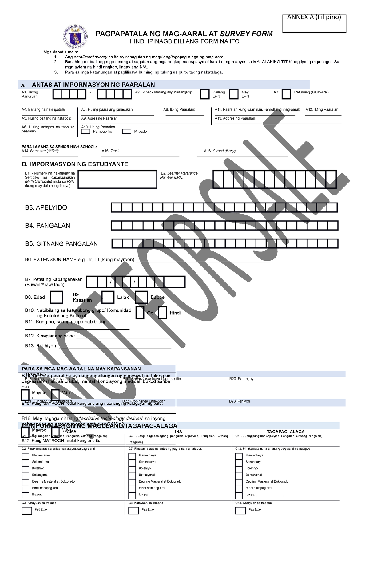 annex-a-form-filipino-pagpapatala-ng-mag-aaral-at-survey-form-hindi-ipinagbibili-ang-form-na