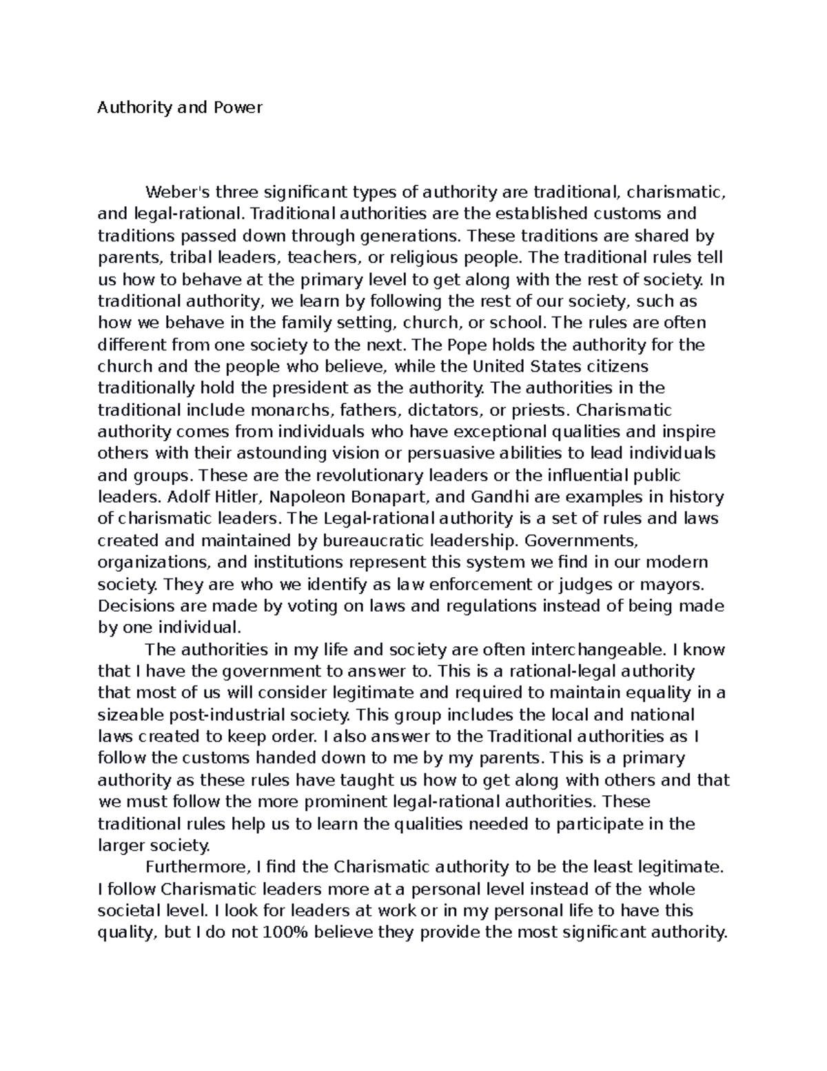 Authority and Power - Consider Weber's 