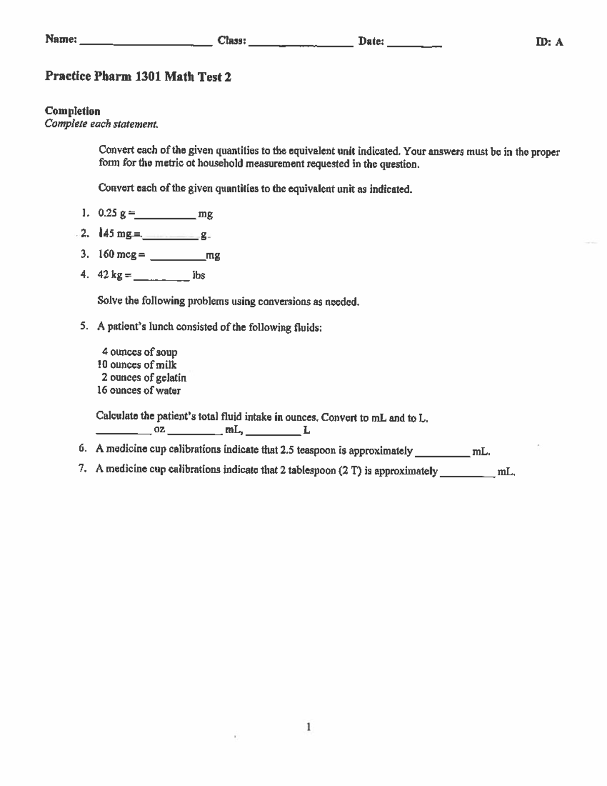 Pharm 1301 Practice Math Test 2 - RNSG 1301 - Studocu