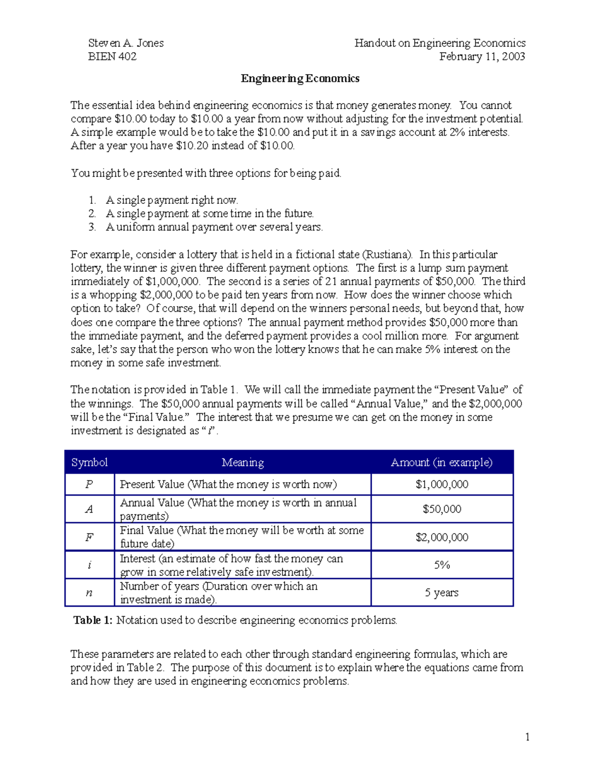 Homework 7 on Engineering Economics - Steven A. Jones BIEN 402 Handout ...
