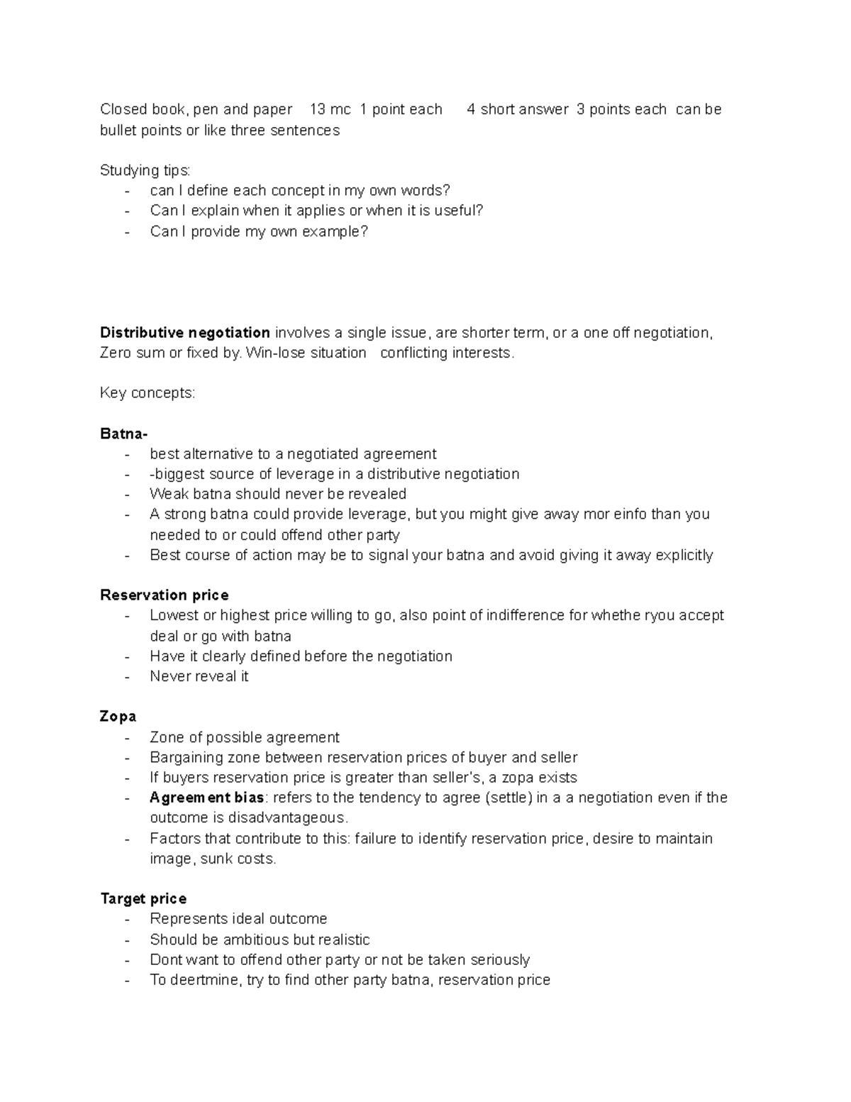 Negotiations quiz 1 study guide - Closed book, pen and paper 13 mc 1 ...