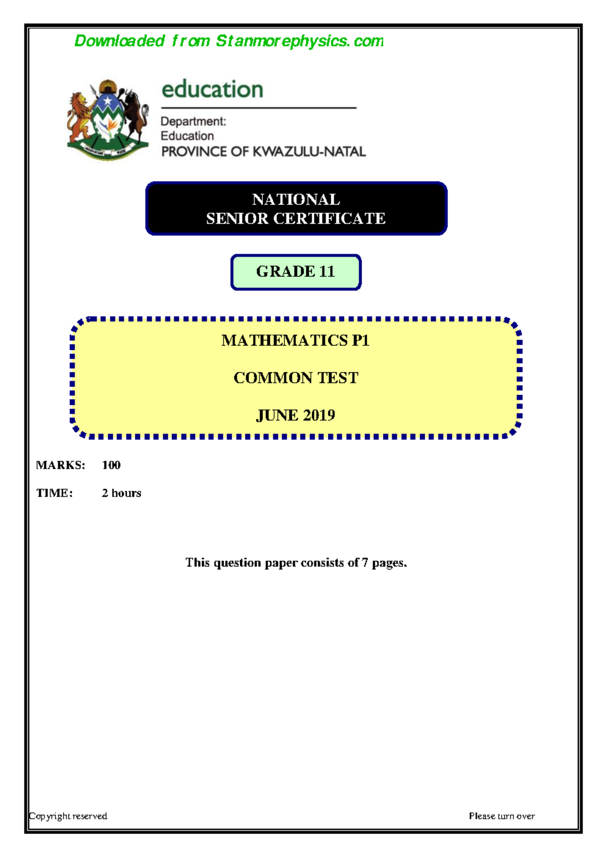 June P1 and Memo - Mathematics paper - MARKS: 100 TIME: 2 hours This ...