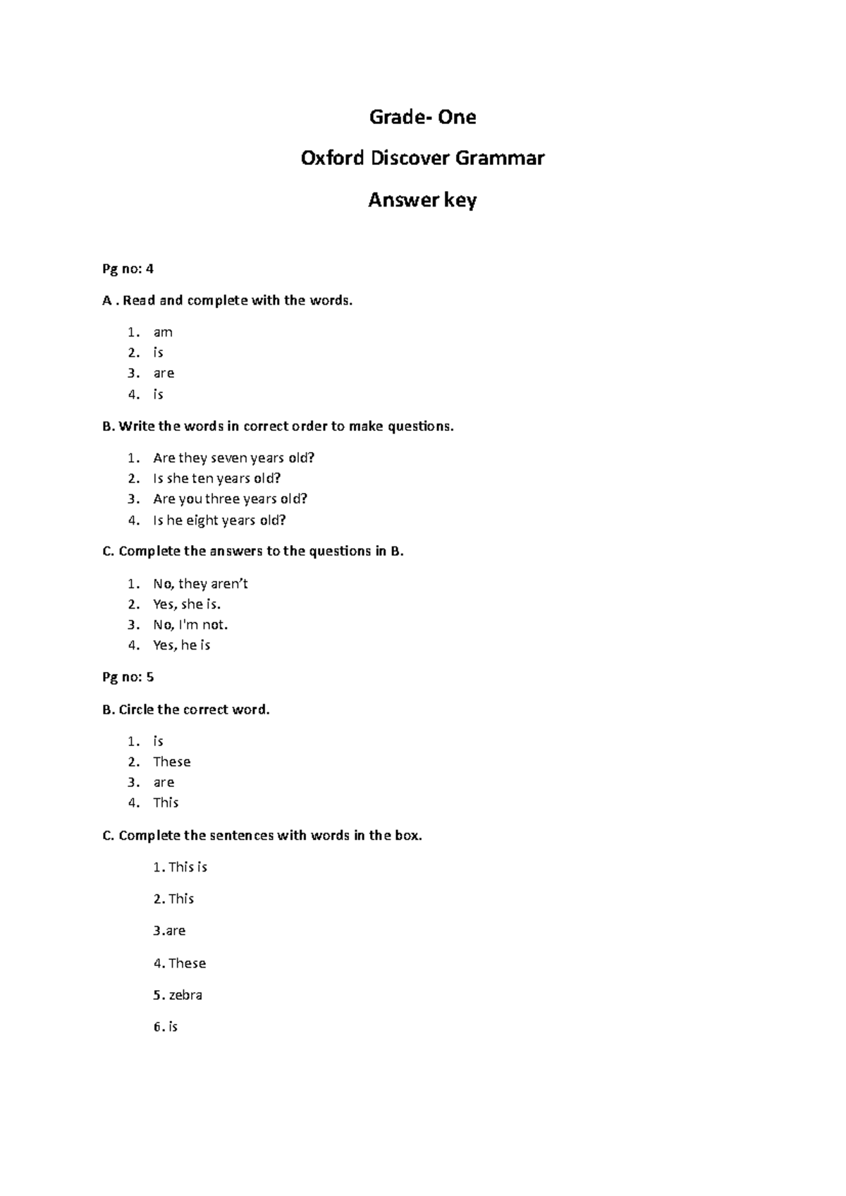 GrammarAnswerkey1 Grade One Oxford Discover Grammar Answer key Pg