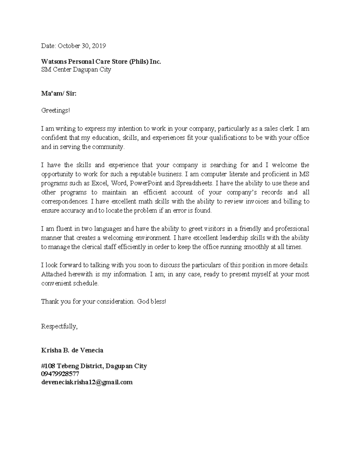 Application- Letter - Date: October 30, 2019 Watsons Personal Care ...