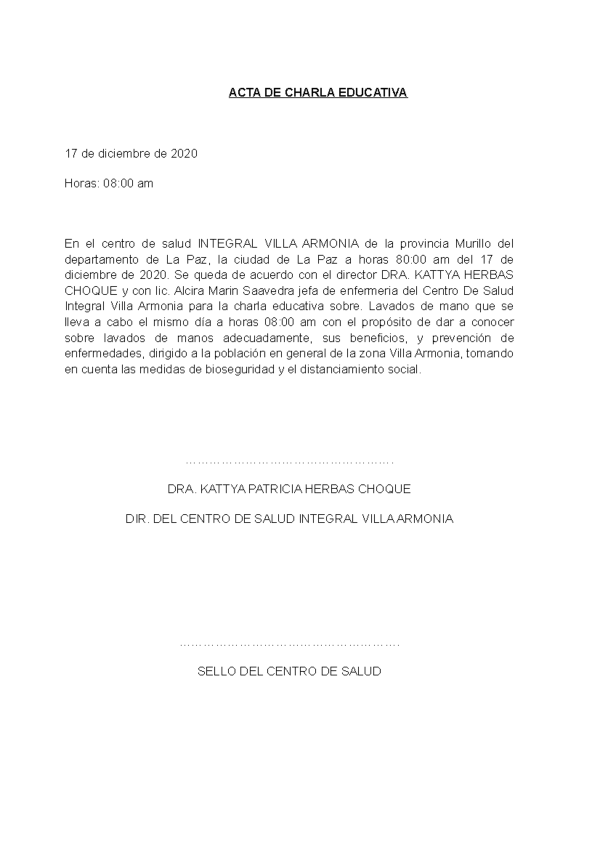 Acta De Charla Educativa De Diciembre De Horas Am En