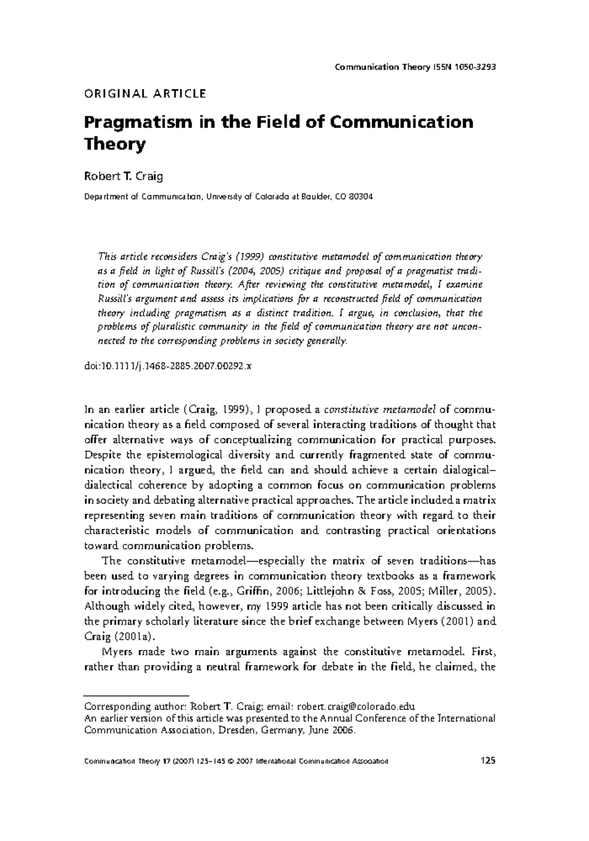 Pragmatism In The Field Of Communication Theory Robert T Craig 2007