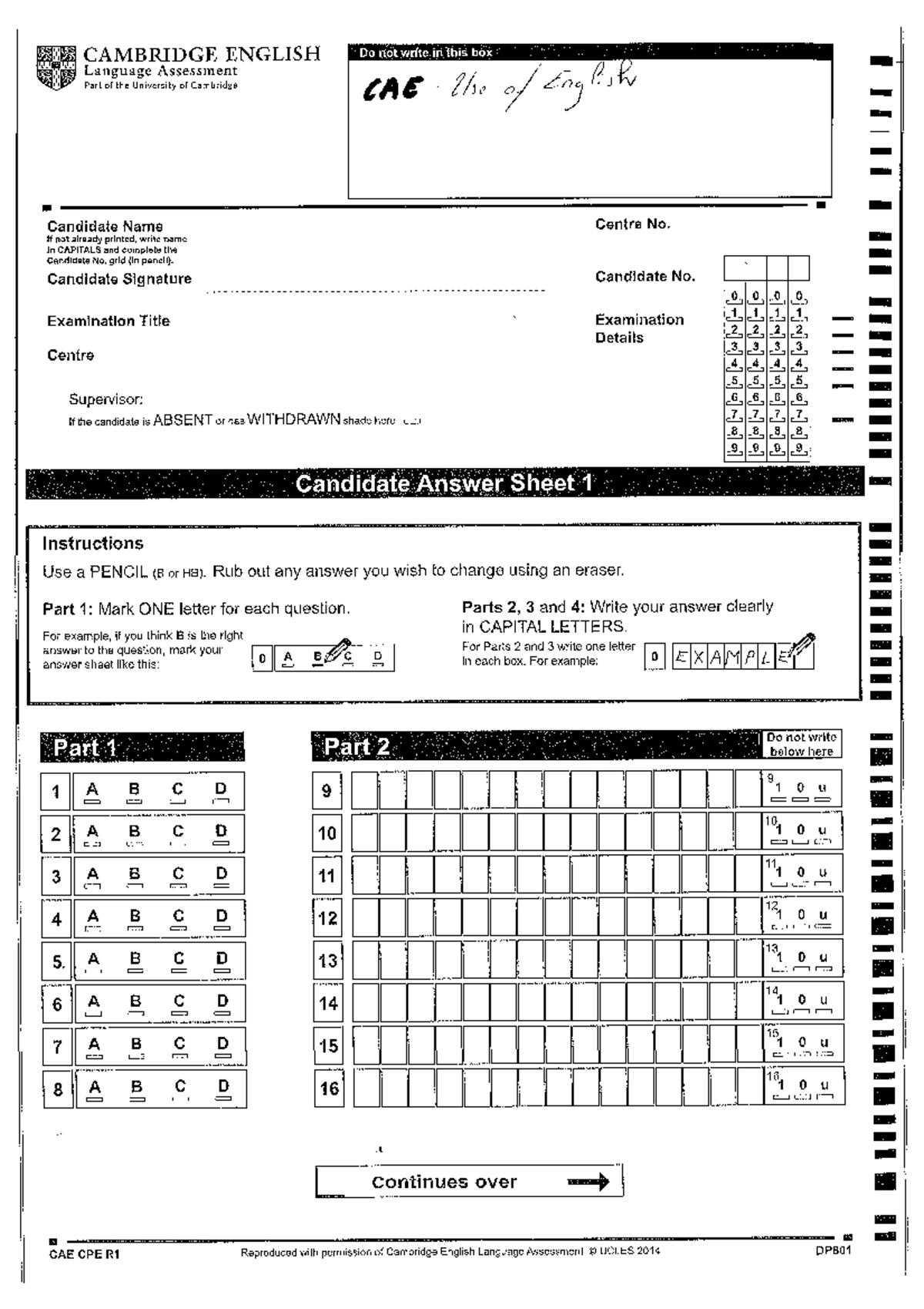 CAE Answer Sheets - respostas a um teste modelo - Inglês - Studocu