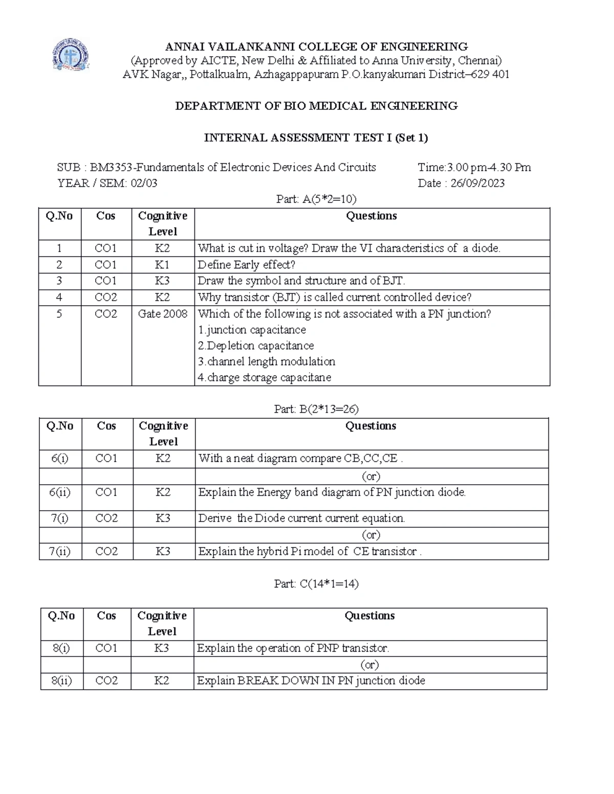 FEDC iat 1 S2 - ii year/iii sem bme - ANNAI VAILANKANNI COLLEGE OF ...