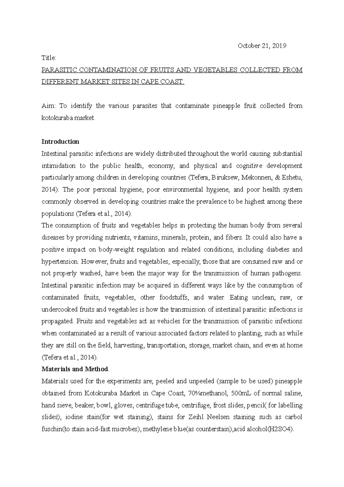 Parasitology report edited - October 21, 2019 Title: PARASITIC ...