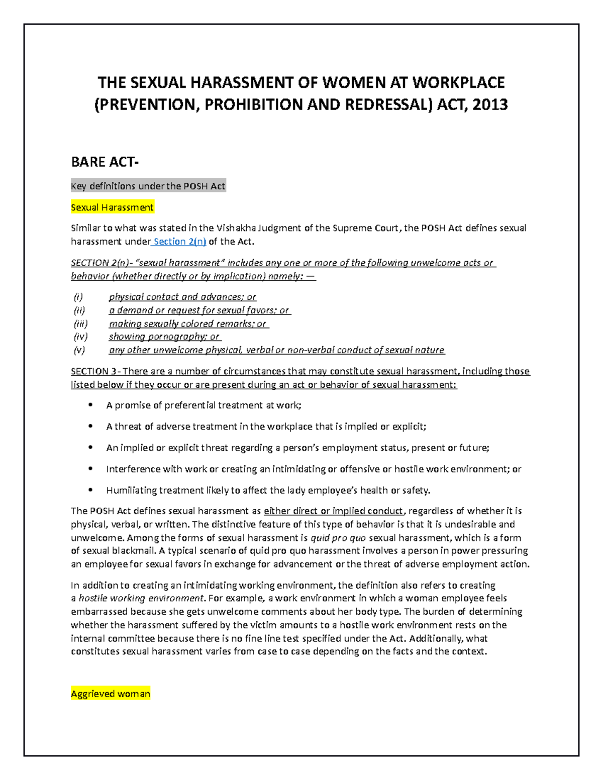 POSH ACT Summary Bachelors in Law THE SEXUAL HARASSMENT OF WOMEN AT