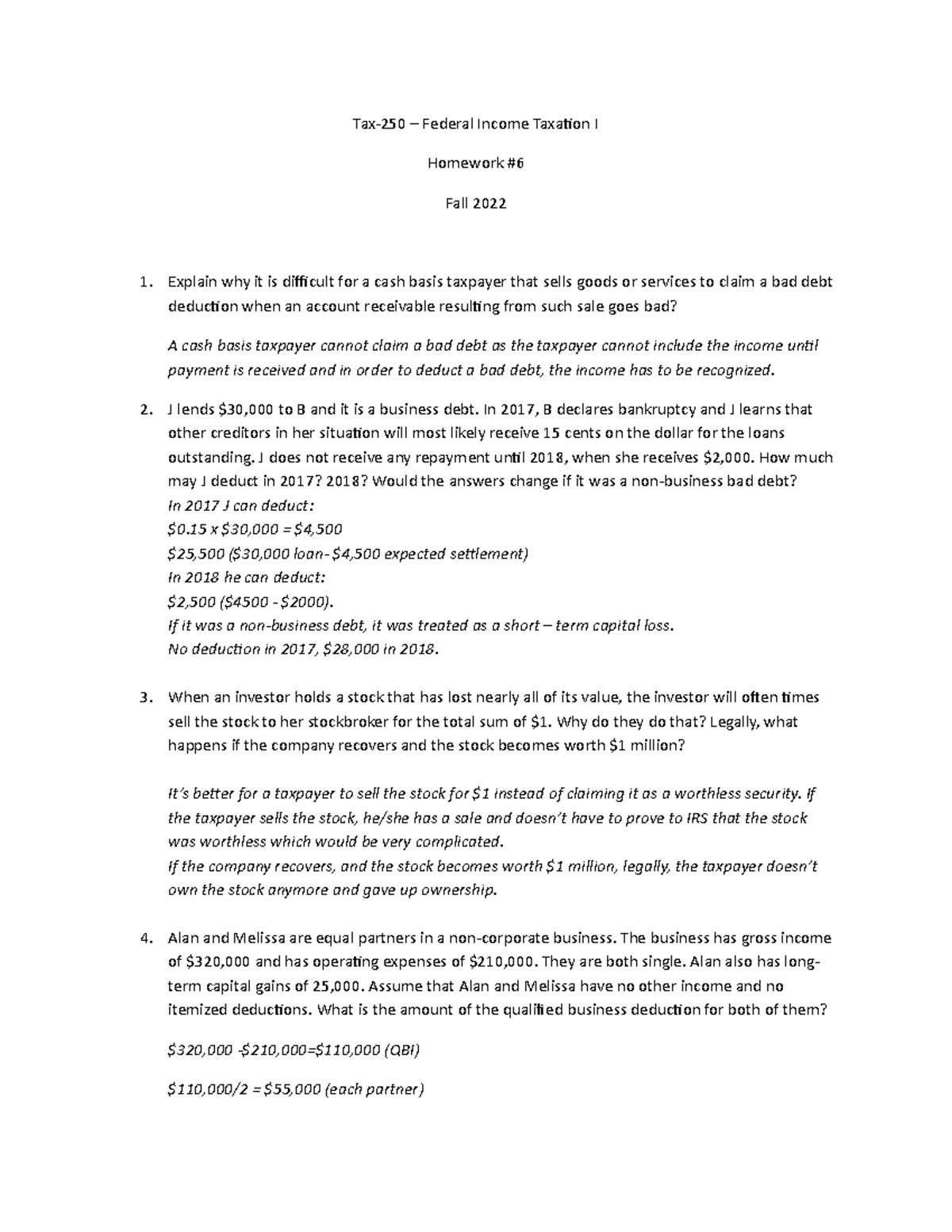 HM 6 TAX 250 - HW #6 - Tax-250 – Federal Income Taxation I Homework ...