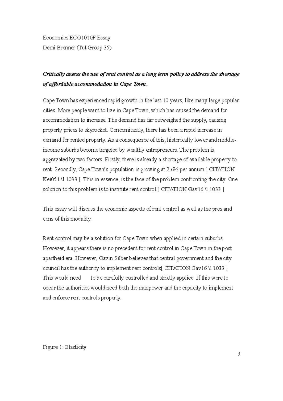 Rent Control Essay Grade A Economics ECO1010F Essay Demi Brenner