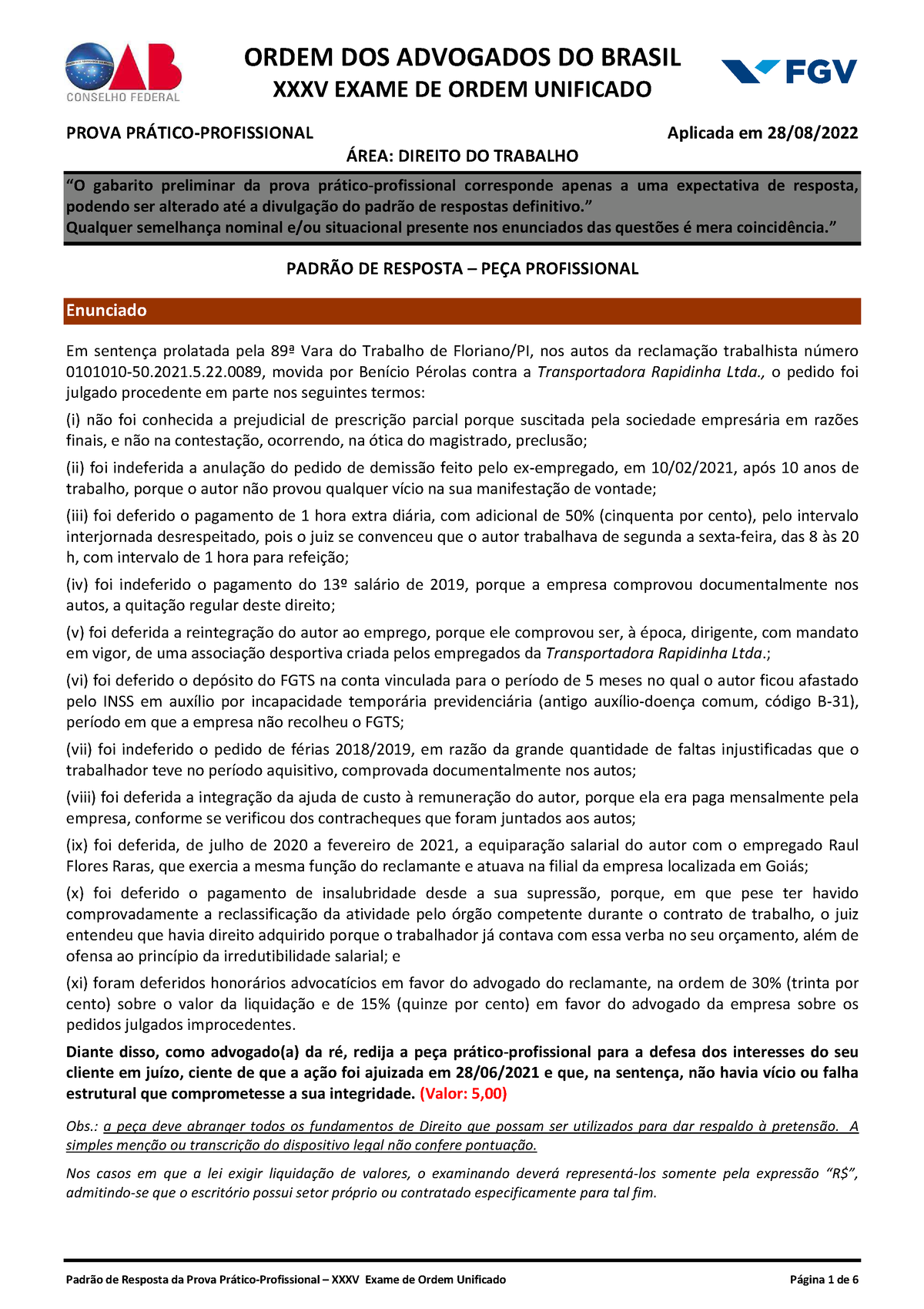 161871 Gabarito Justificado - Direito DO Trabalho - XXXV EXAME DE ORDEM ...