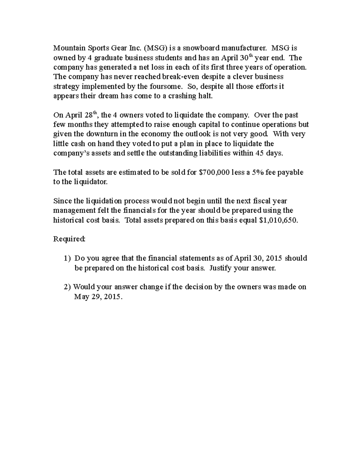 Mountain Sports Gear Inc Liquidation Accounting Mountain Sports