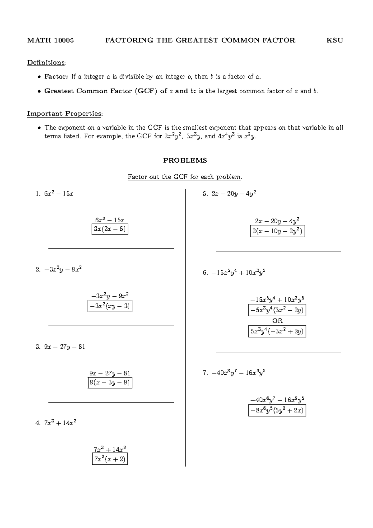 Factoring Out The Greatest Common Factor Gcf Math Studocu