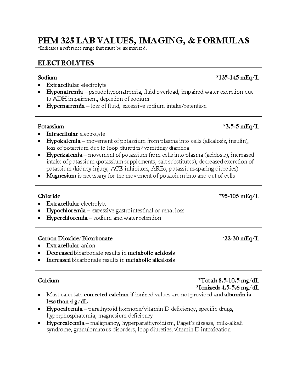325 Lab Values, Imaging, and Formulas PHM 325 LAB VALUES, IMAGING, & FORMULAS *Indicates a