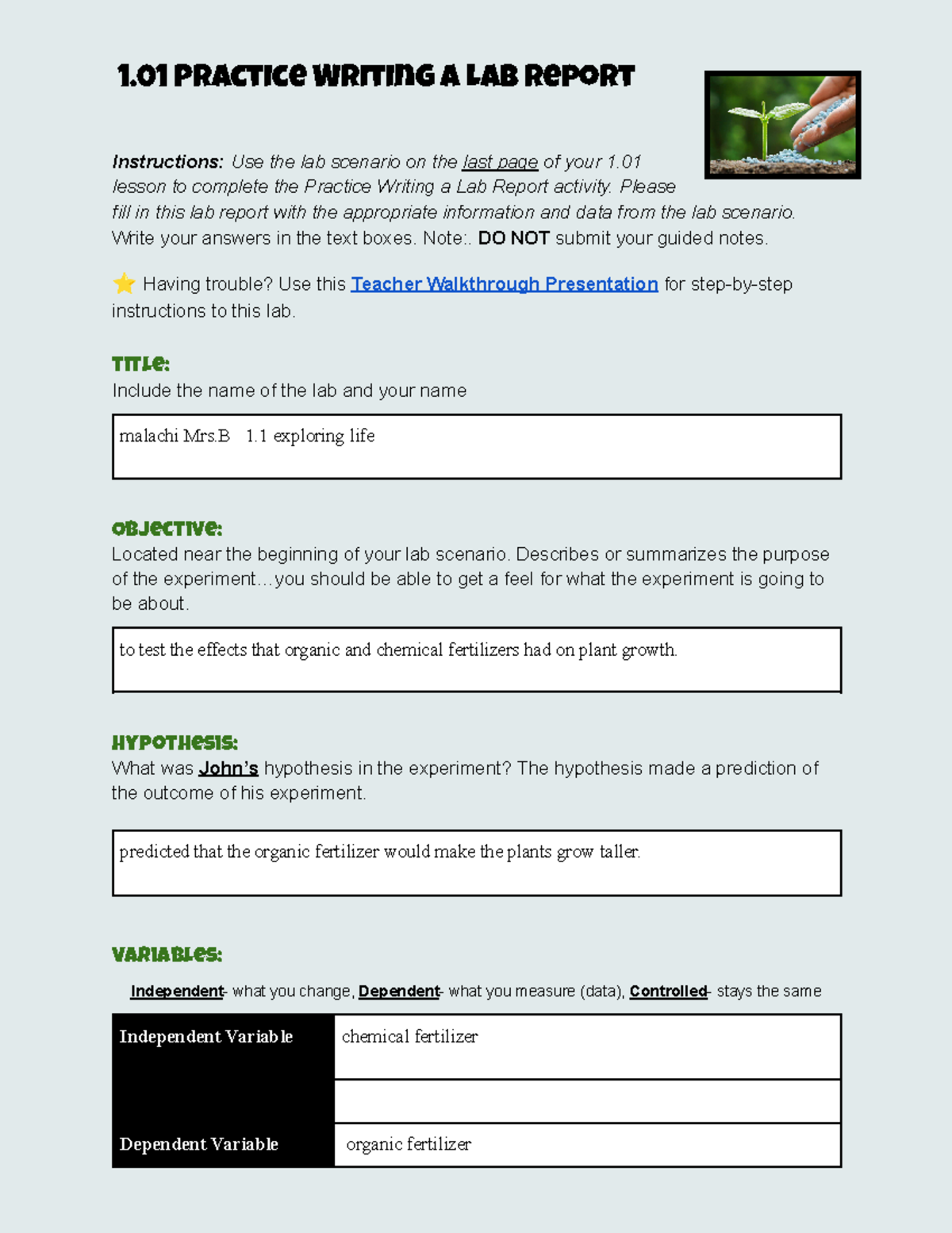 Copy of 1 01 Exploring Life Lab Report - 1 Practice Writing a Lab ...